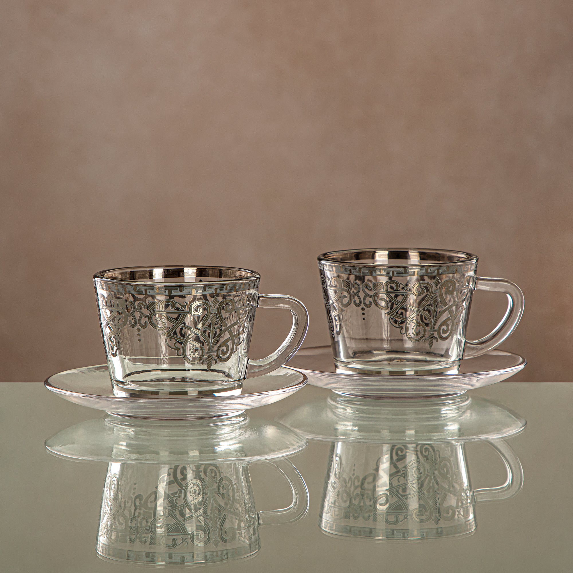 Almarjan Cup & Saucer Set Clear & silver 6 pieces (1469B-0011P-YCS-SIL) Gatherings, special occasions, Ramadan, eid