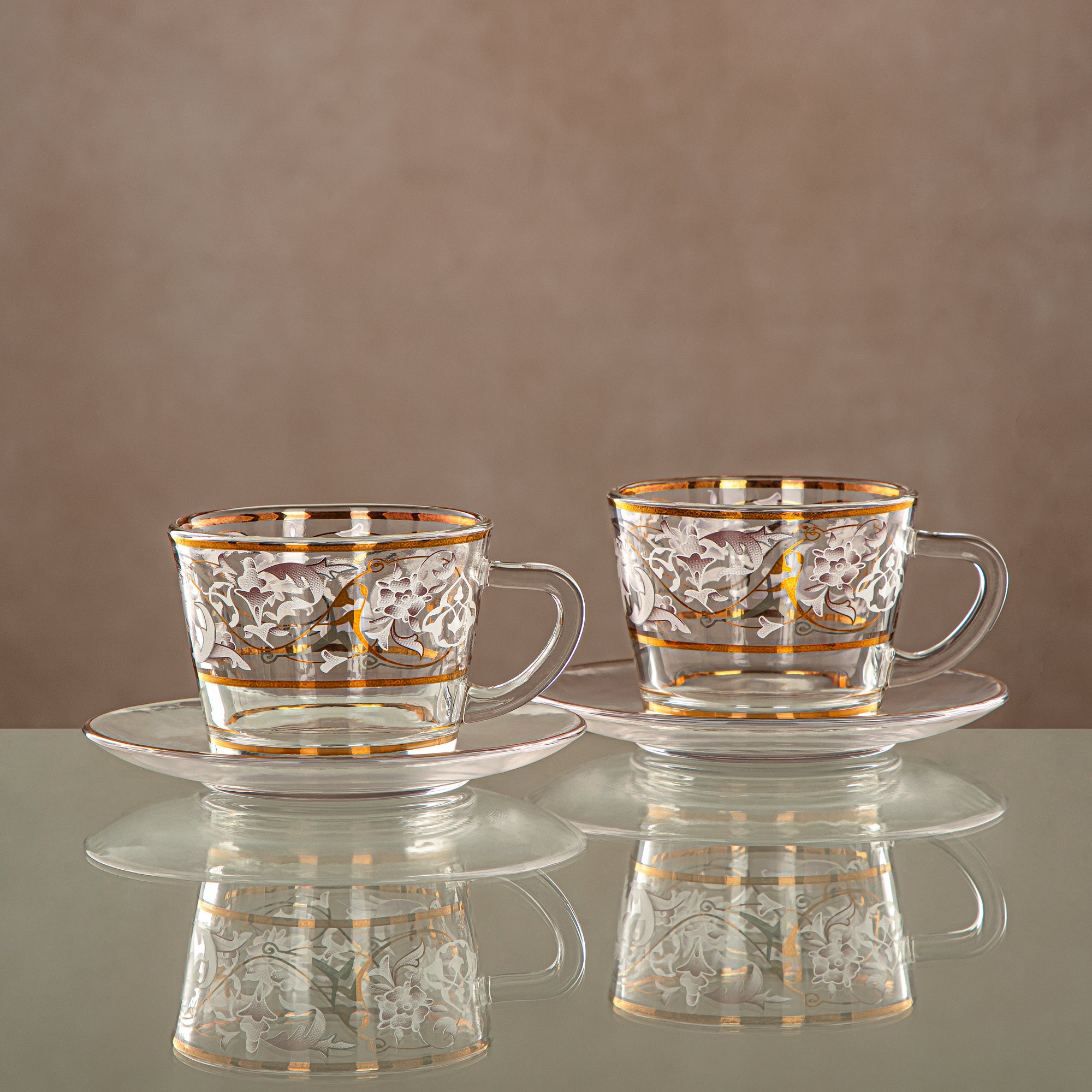 Almarjan Cup & Saucer Set 6 Pieces, Glass, Clear & Golden Pattern (1469B-0011P-ZQDL) - Family Gatherings