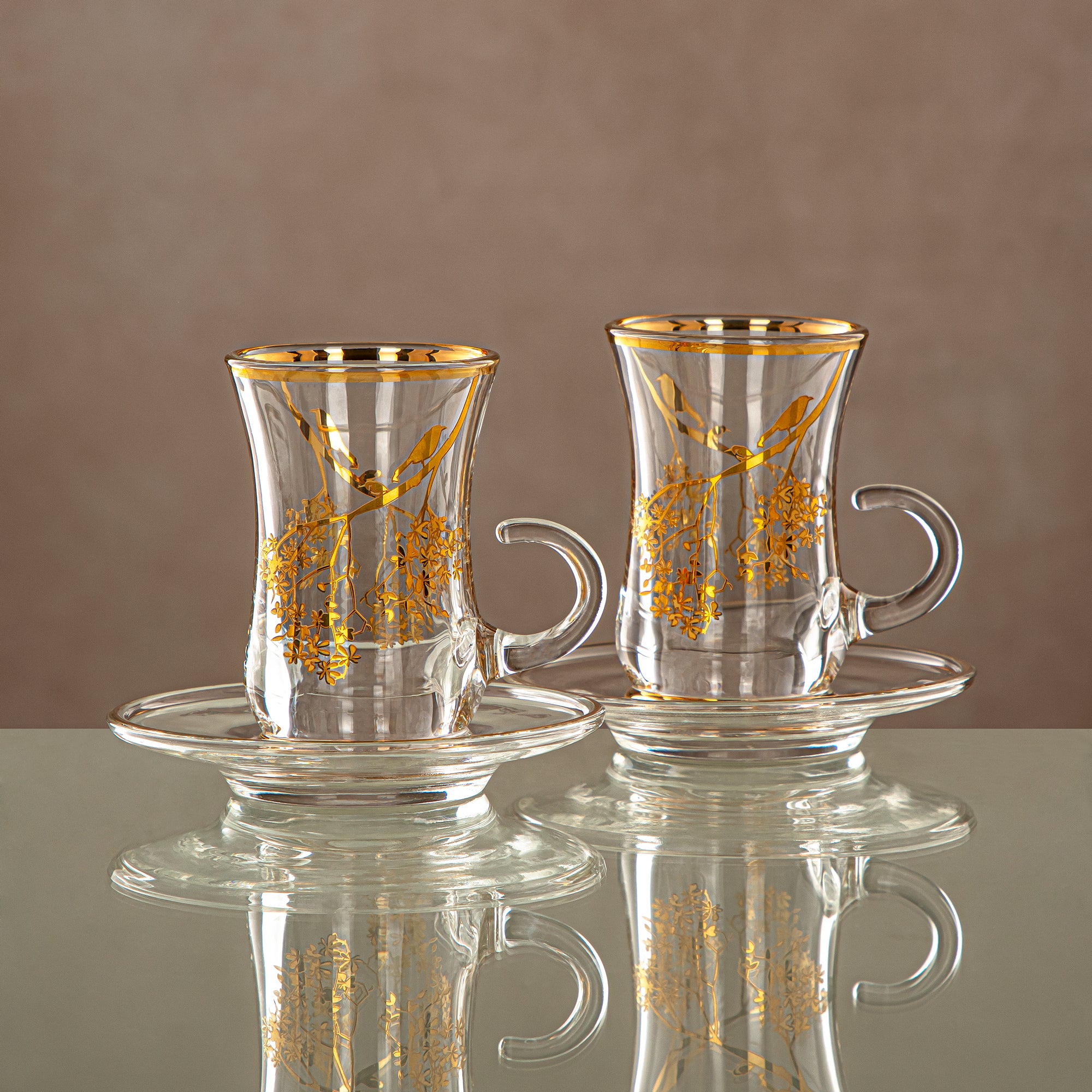 Almarjan Tea Cup & Saucer Set Clear & Gold 6 pieces (1496BJ-0001P-XQZT-GLD) Gatherings, special occasions, Ramadan, eid