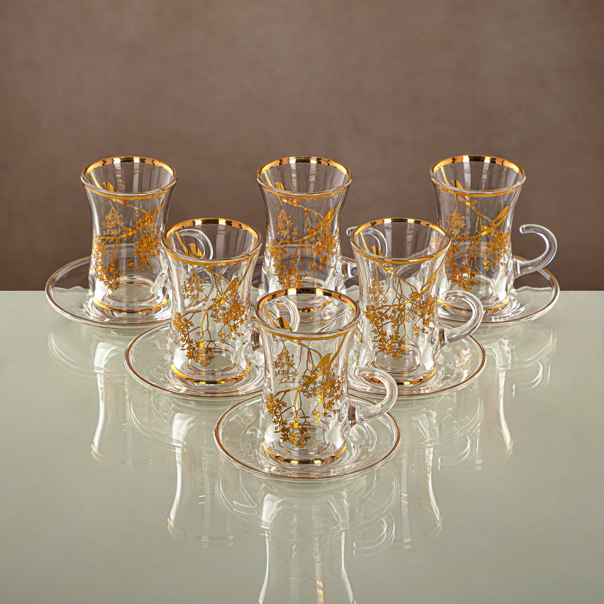 Almarjan Tea Cup & Saucer Set Clear & Gold 6 pieces (1496BJ-0001P-XQZT-GLD) Gatherings, special occasions, Ramadan, eid