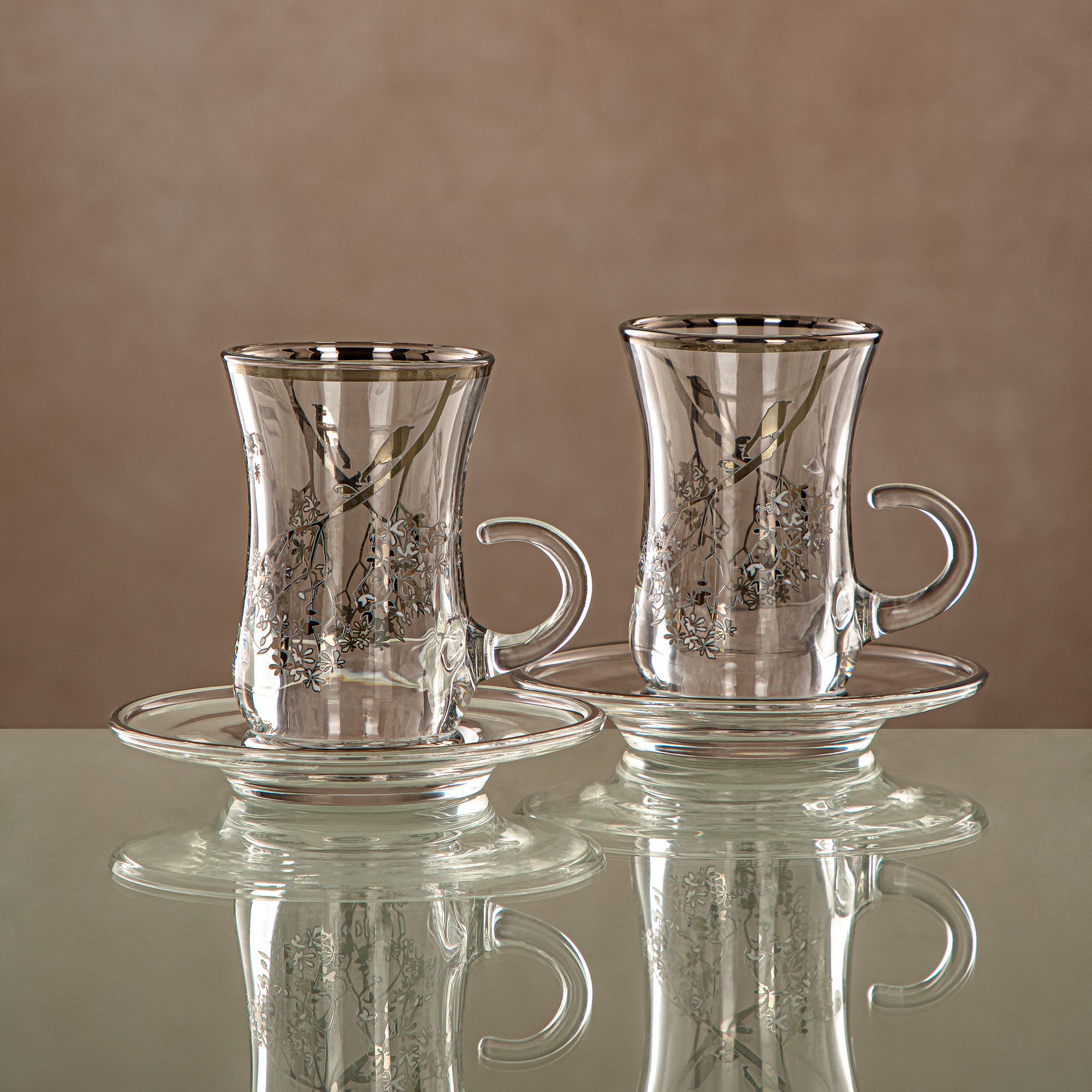 Almarjan Tea Cup & Saucer Set Clear & silver 6 pieces (1496BJ-0001P-XQZT-SIL) Gatherings, special occasions, Ramadan, eid