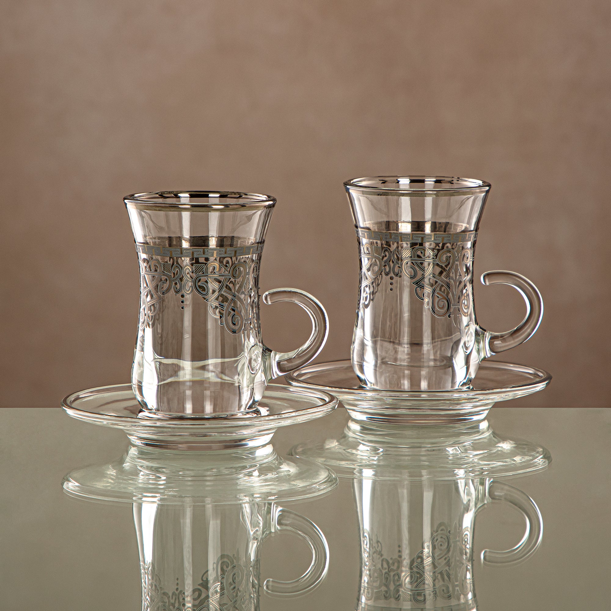 Almarjan Tea Cup & Saucer Set Clear & silver 6 pieces (1496BJ-0001P-YCS-SIL) Gatherings, special occasions, Ramadan, eid
