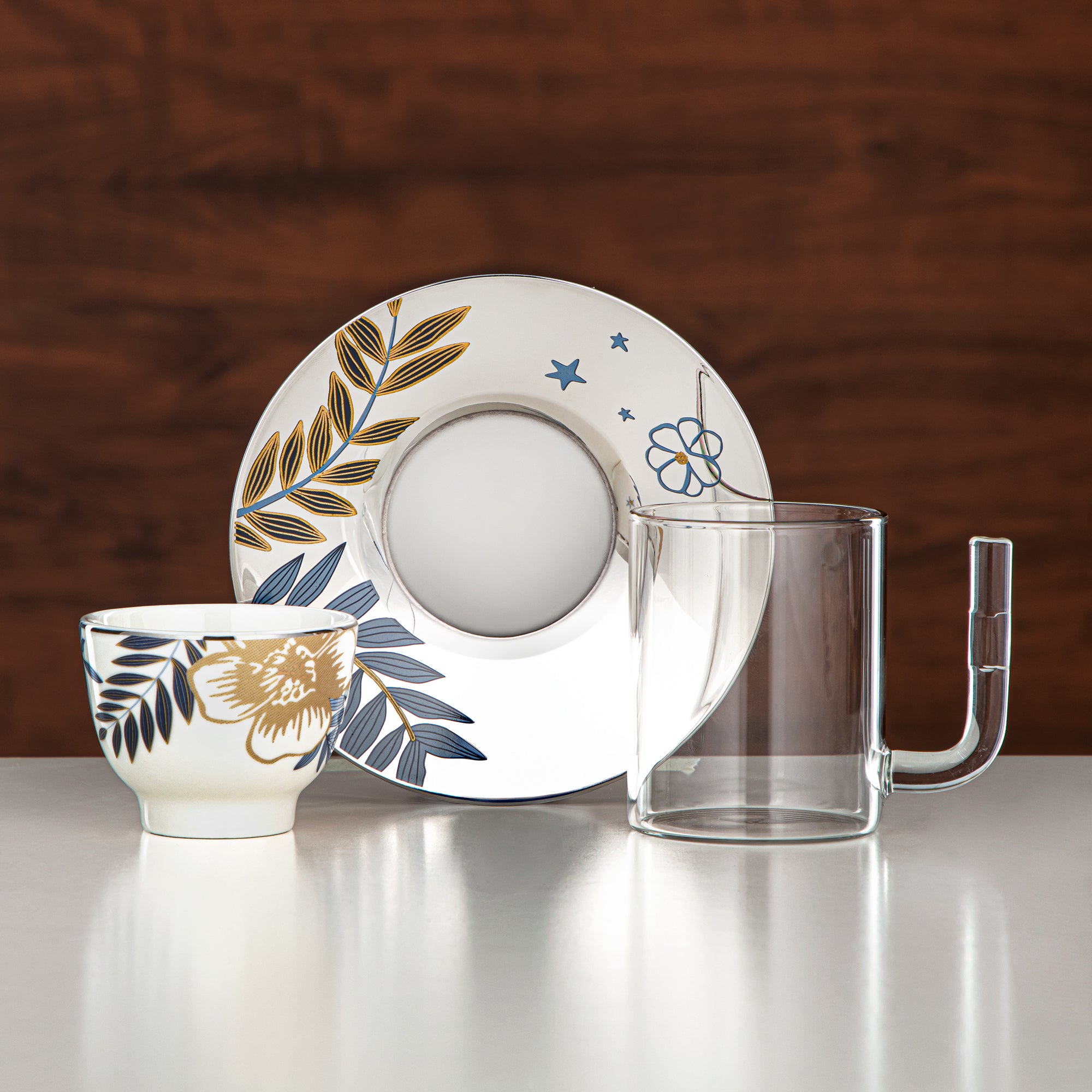 Almarjan Vacuum Flask & Tea Set Silver & Gold 1L + 1L (GOK-S-S-G + 18PCS-12196-2) – Elegant Serving | Ramadan, Eid & Gatherings