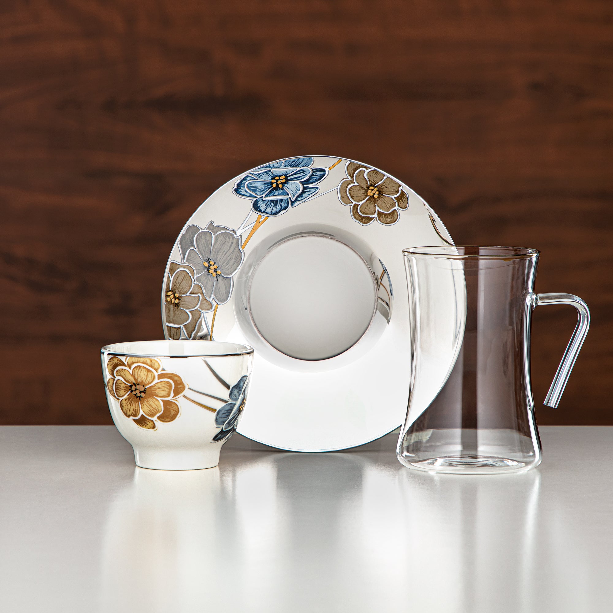 طقم شاي المرجان زجاج بوروسيليكات، ستانلس ستيل وخزف 18 قطعة (18PCS-12256-1) – مجموعة شاي زهرية أنيقة