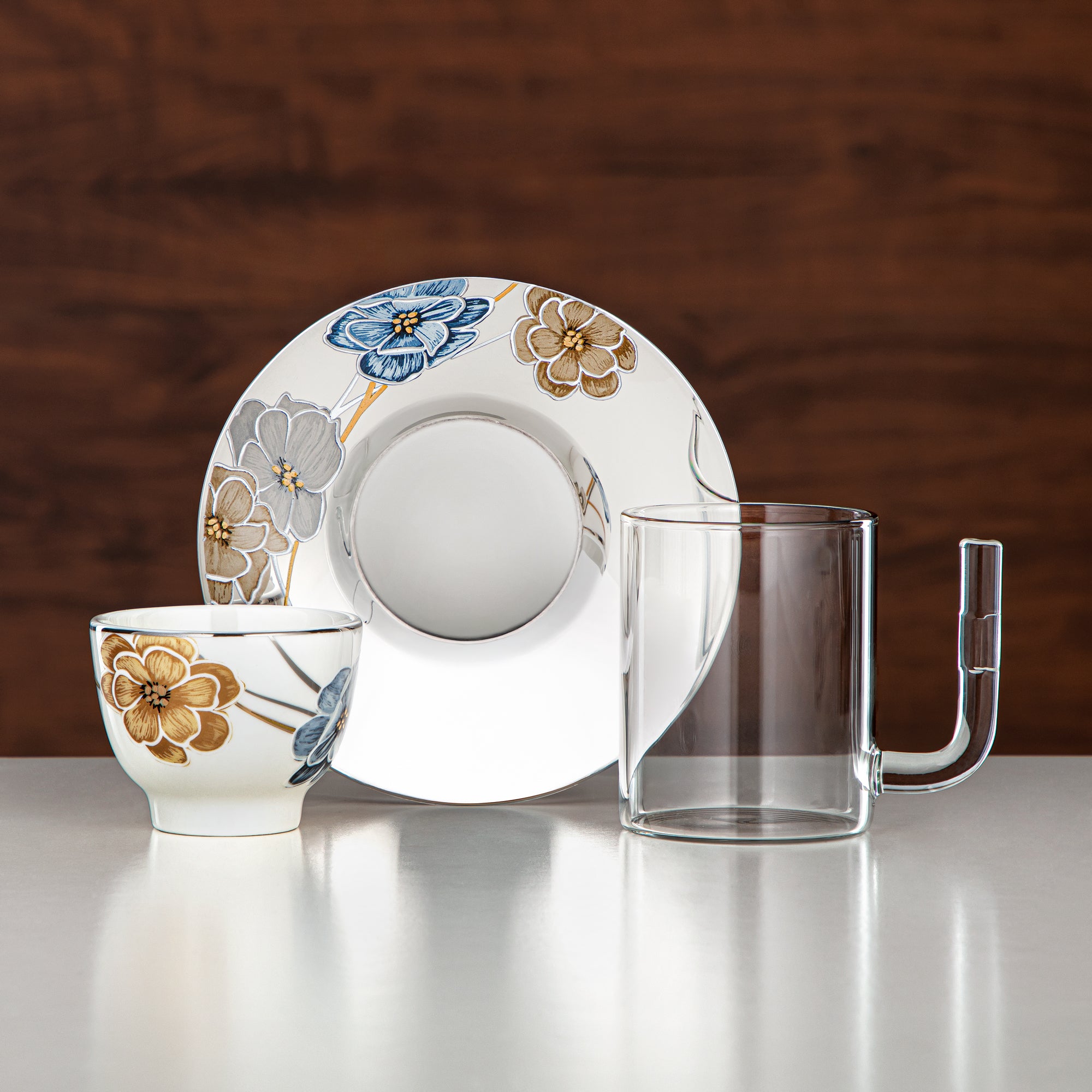 Almarjan Tea Set Borosilicate Glass, Stainless Steel & Porcelain 18 Pieces (18PCS-12256-2) – Contemporary Floral Tea Collection