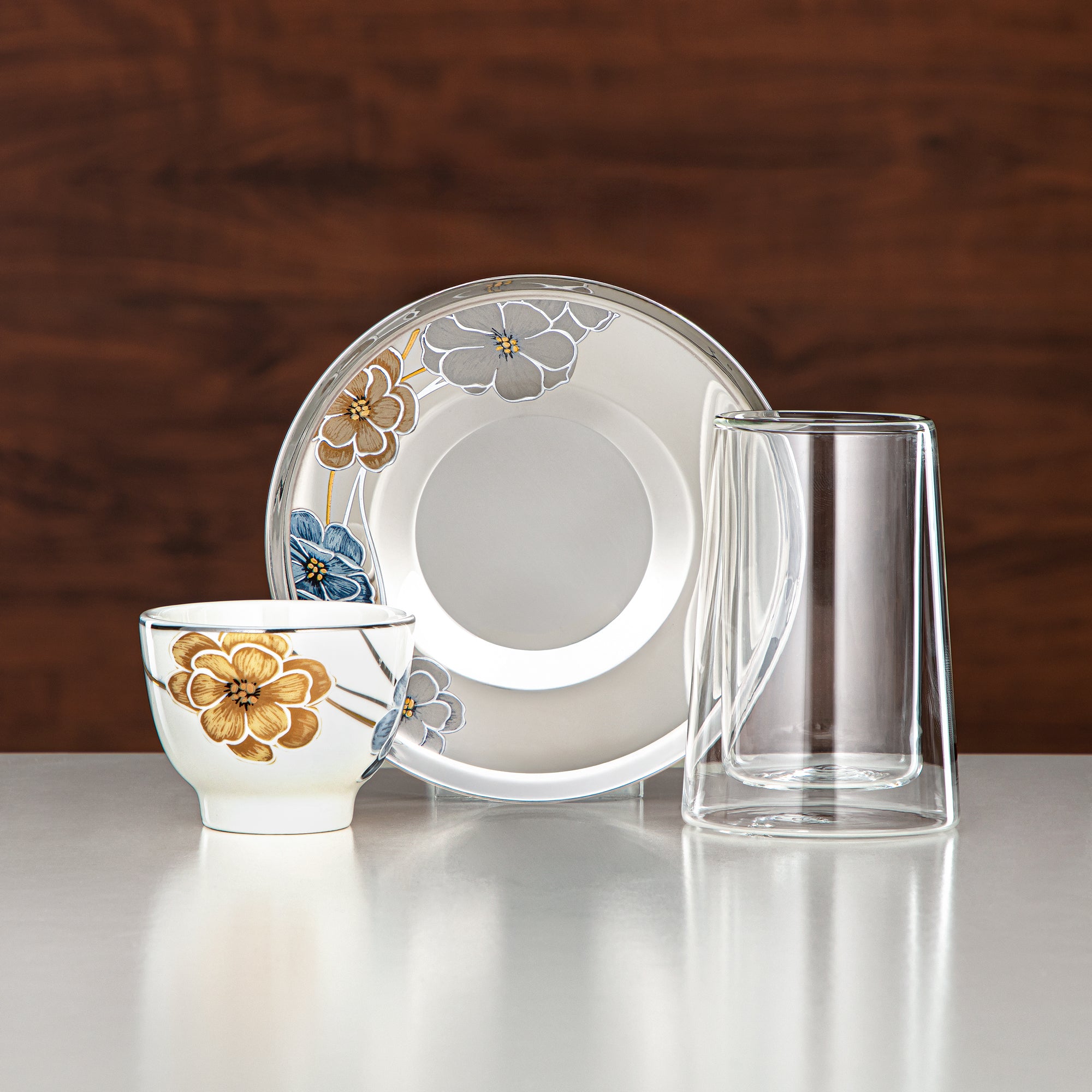 طقم شاي المرجان زجاج بوروسيليكات مزدوج الجدار، ستانلس ستيل وبورسلين 18 قطعة (18PCS-12256-3) – مجموعة شاي زهور عصرية