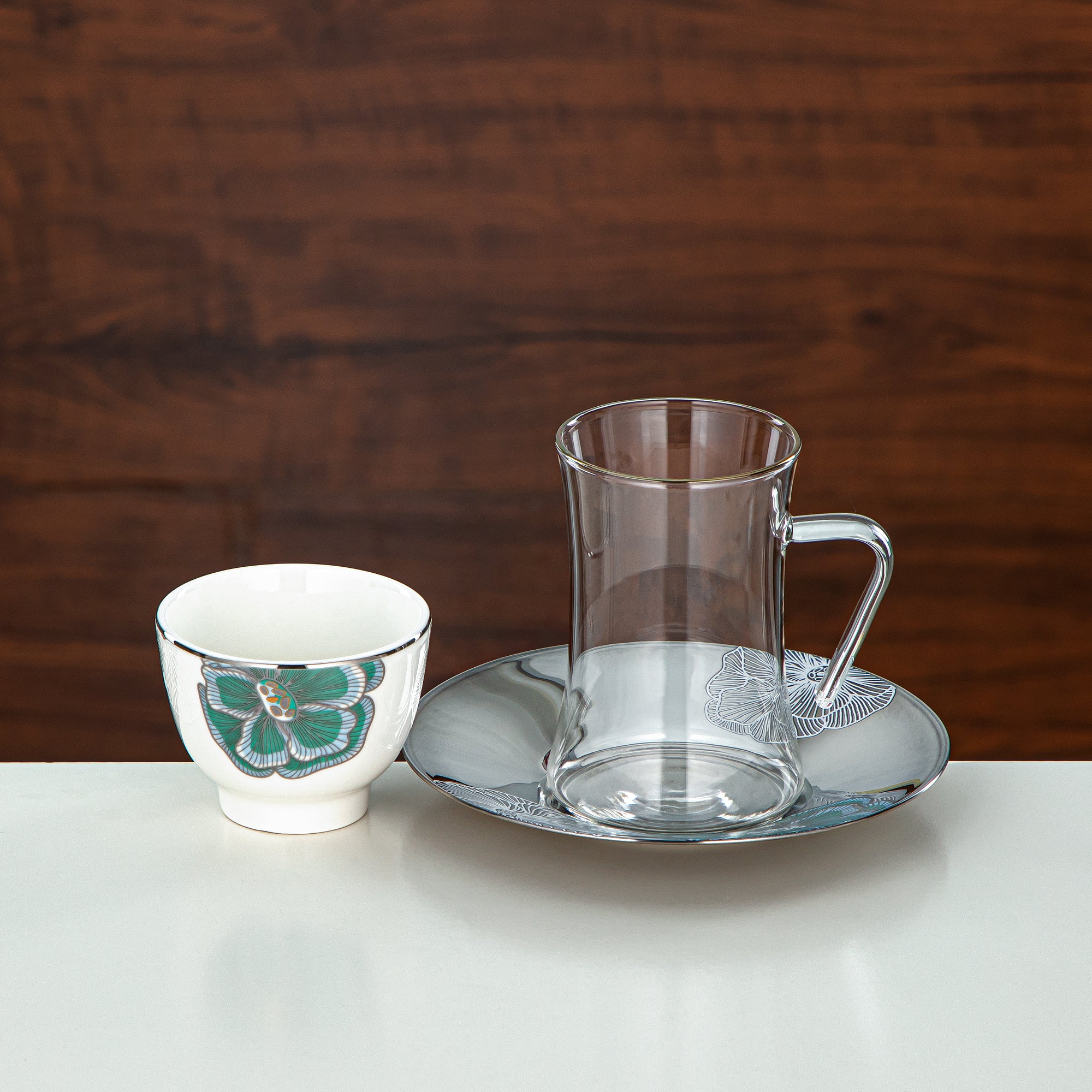 طقم شاي المرجان زجاج بوروسيليكات، ستانلس ستيل وخزف 18 قطعة (18PCS-12257-1) – مجموعة شاي إيميرالد بلوم