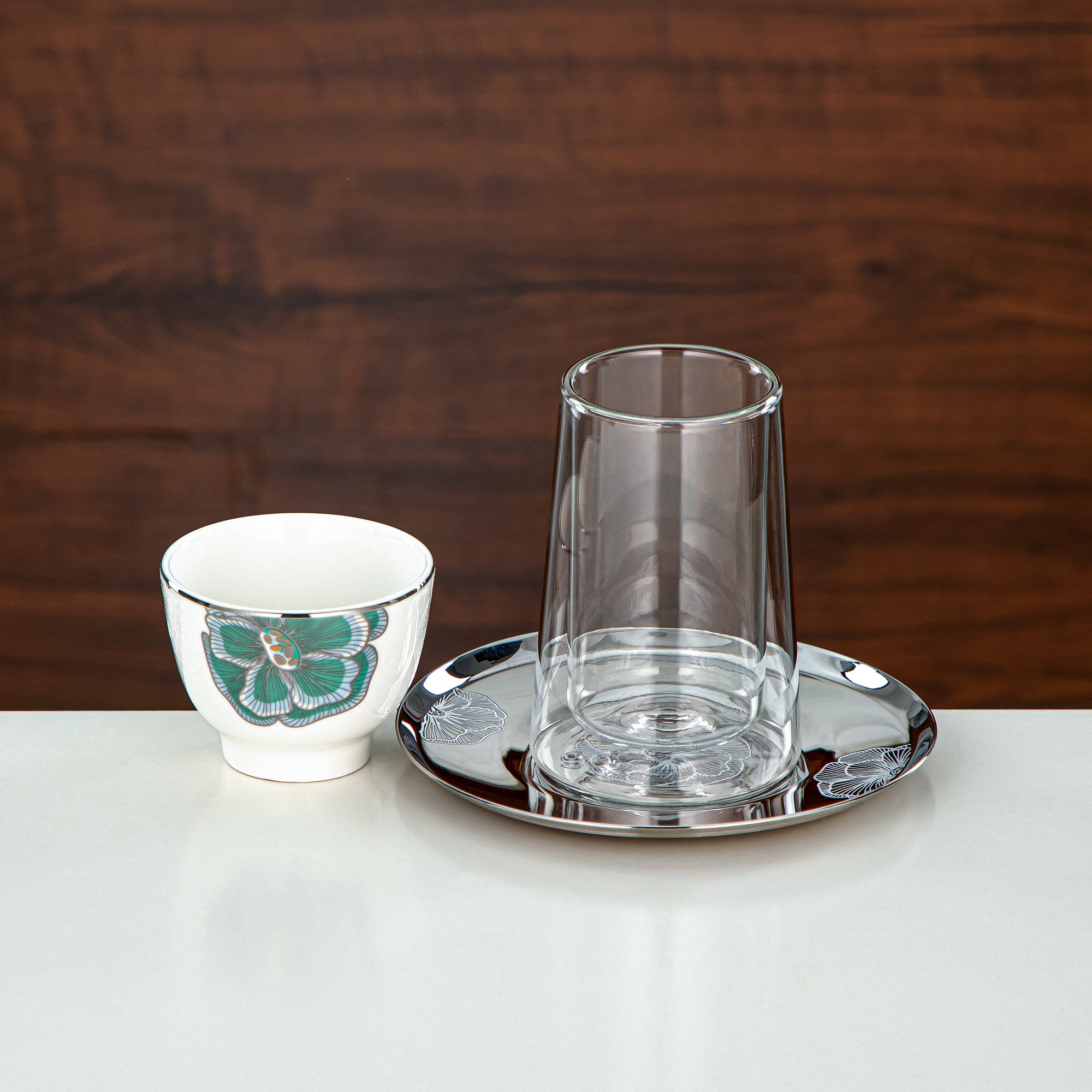 طقم شاي المرجان زجاج بوروسيليكات مزدوج الجدار، ستانلس ستيل وخزف 18 قطعة (18PCS-12257-3) – مجموعة شاي إيميرالد بلوم