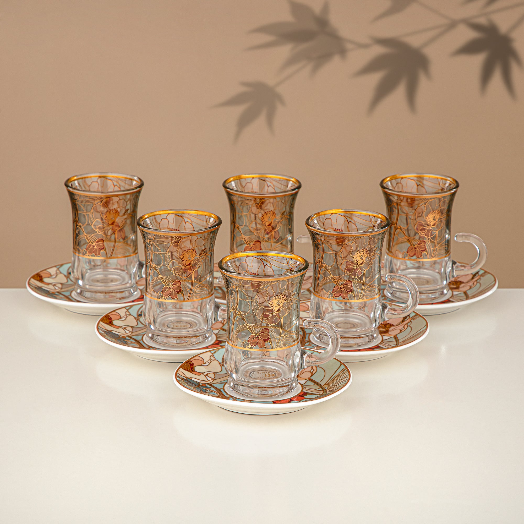 Almarjan Vacuum Flask Set 24 Pieces, 1L + 1L, Floral & Matt Gold (24-JBH-TR-AZ02G) - Tea & Coffee Complete Set