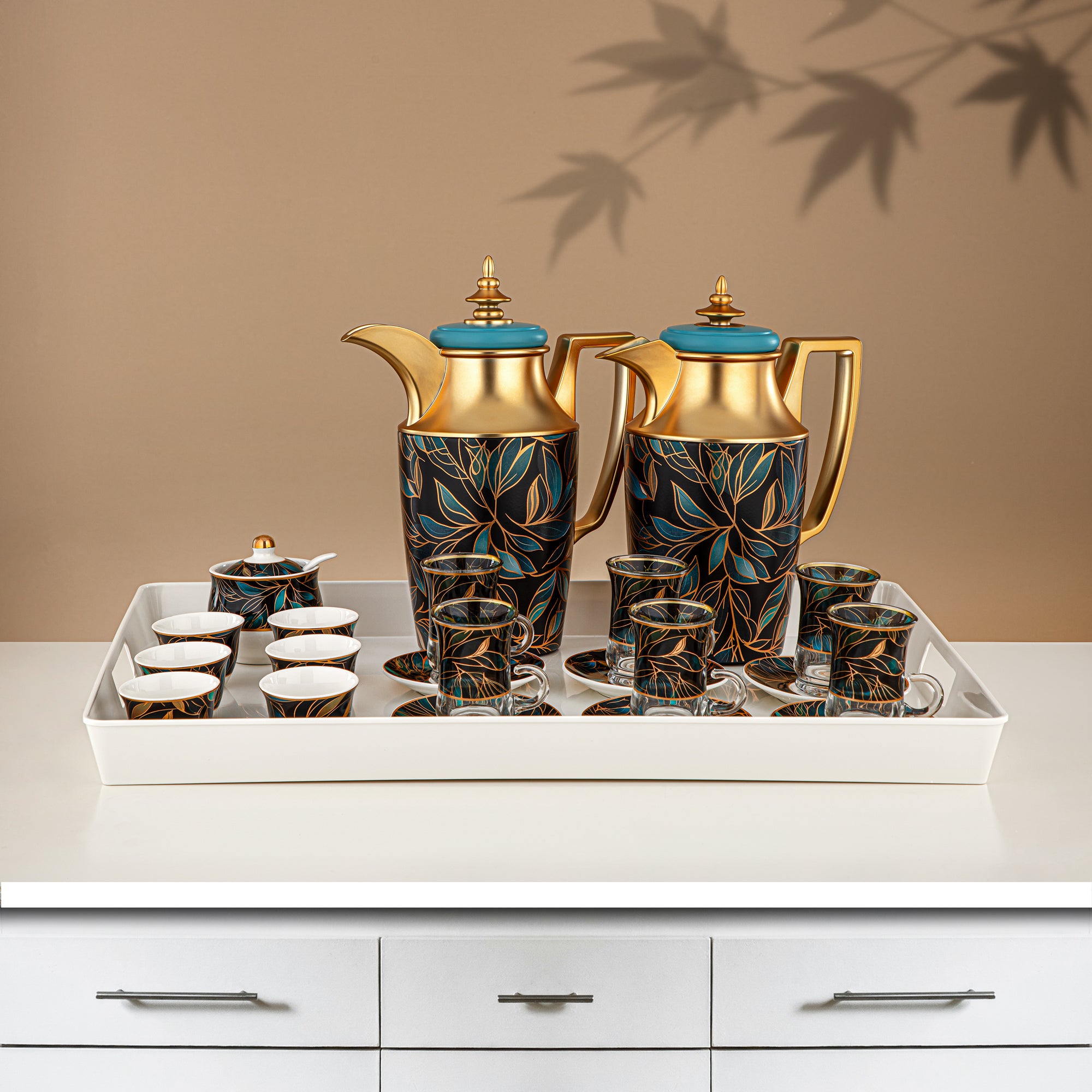 Almarjan Vacuum Flask Set 24 Pieces, 1L + 1L, Floral & Matt Gold (24-JBH-TR-AZ03G) - Tea & Coffee Complete Set