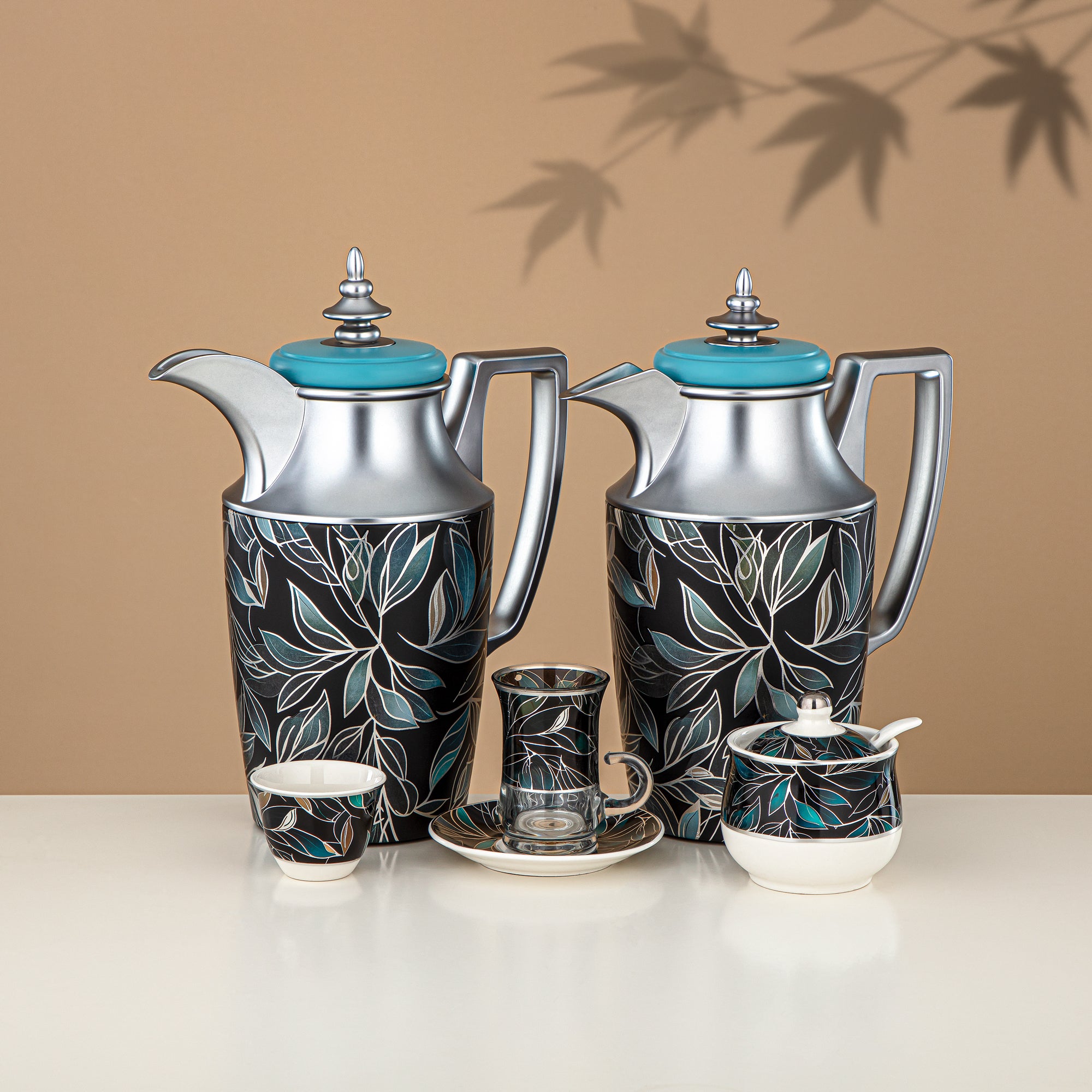 Almarjan Vacuum Flask Set 24 Pieces, 1L + 1L, Floral & Matt Silver (24-JBH-TR-AZ03S) - Tea & Coffee Complete Set