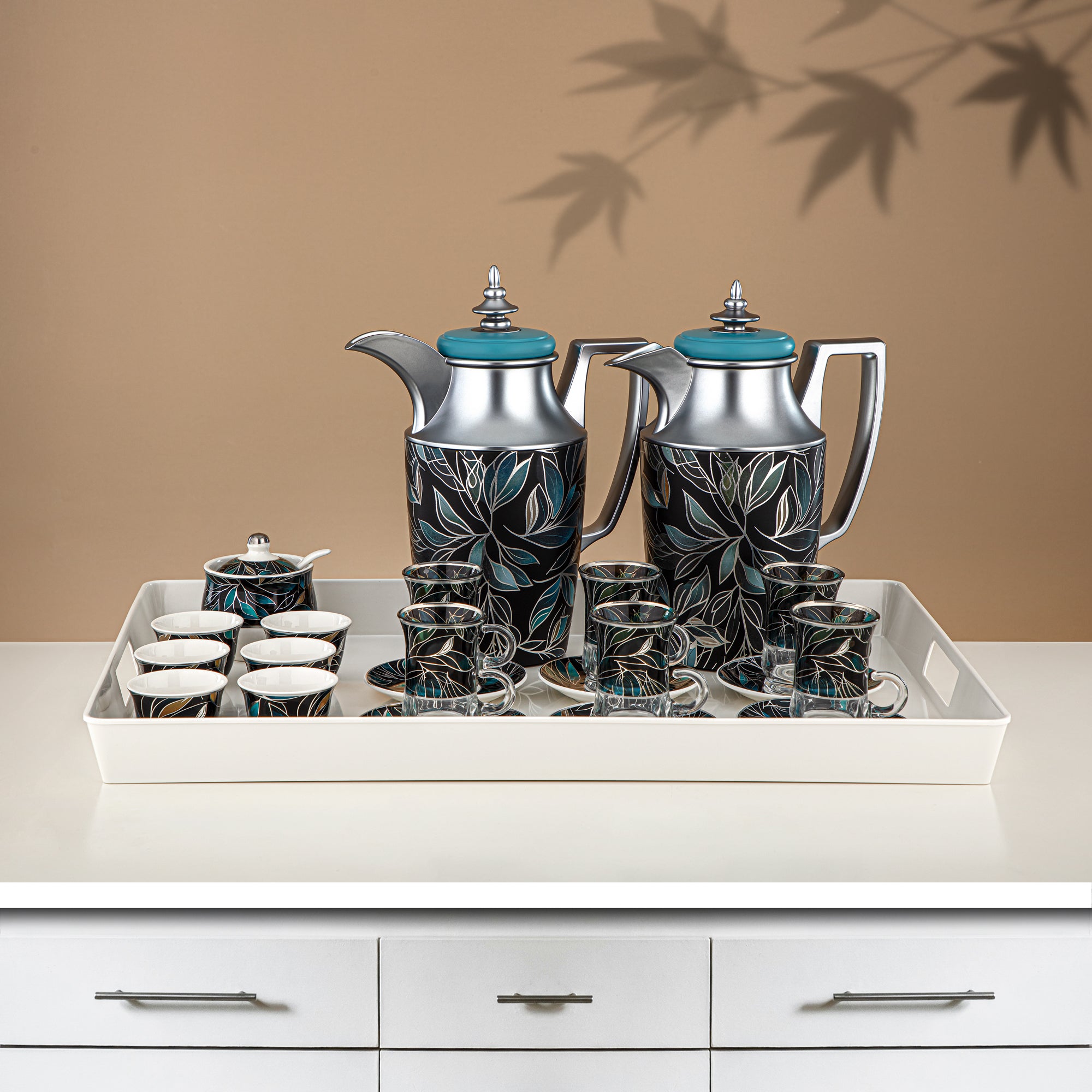 Almarjan Vacuum Flask Set 24 Pieces, 1L + 1L, Floral & Matt Silver (24-JBH-TR-AZ03S) - Tea & Coffee Complete Set