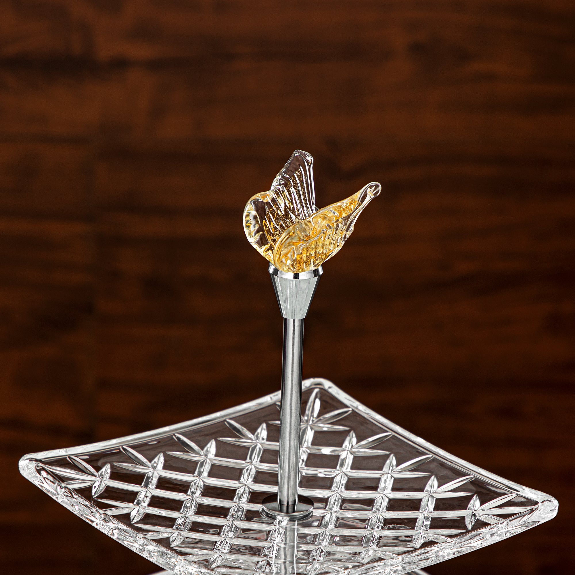 Almarjan Square Sweet Stand Glass Two Tiers Clear & Amber (40816-278/S2-BA) Elegant Hosting Pieces