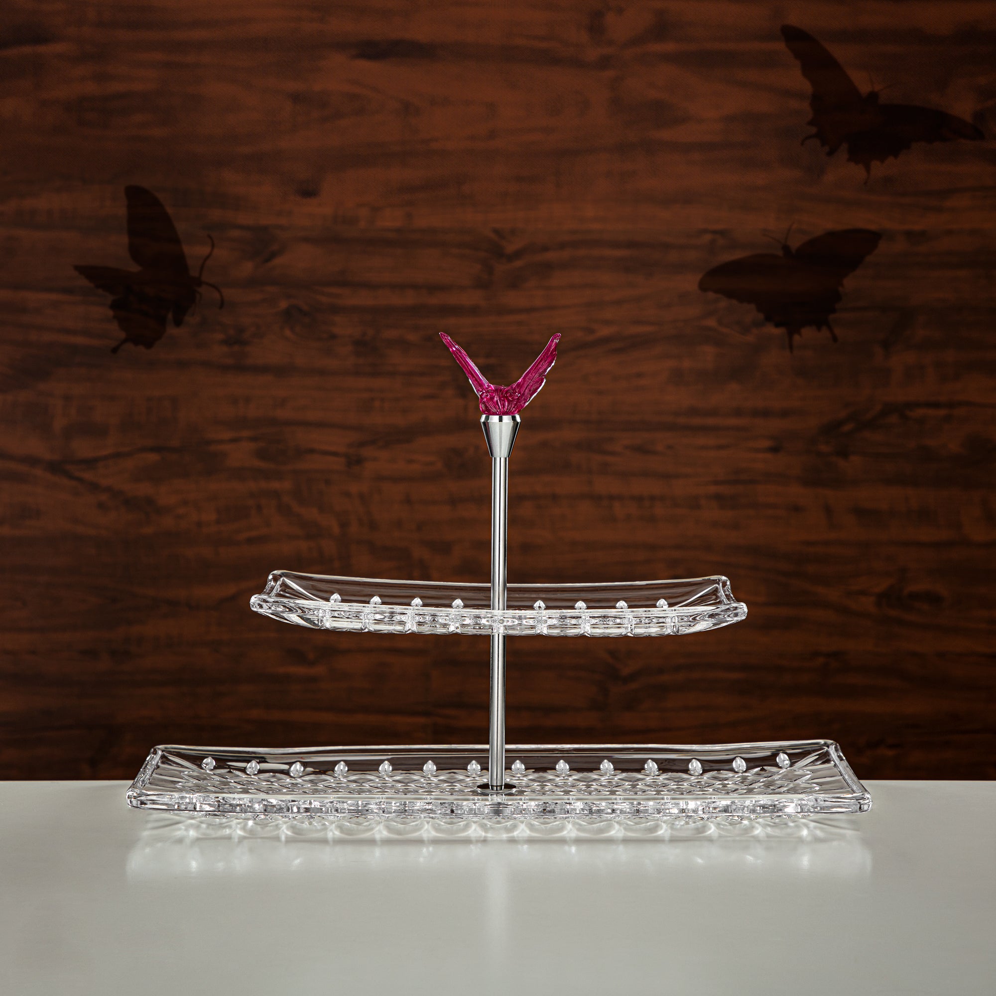 Almarjan Rectangle Sweet Stand Glass Two Tiers Clear & Pink (40816-415/S2-BG) Elegant Hosting Pieces
