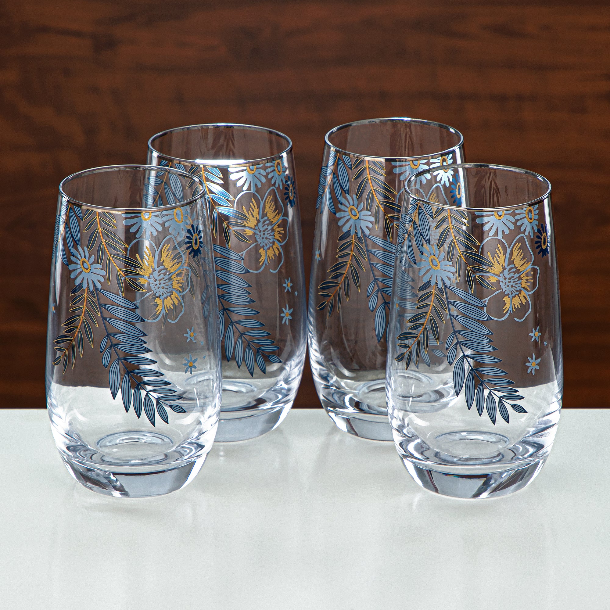 Almarjan Floral Glass Tumbler Set Printed Glass 4 Pieces (8233-5-12196) – Blue Botanical Serveware Collection
