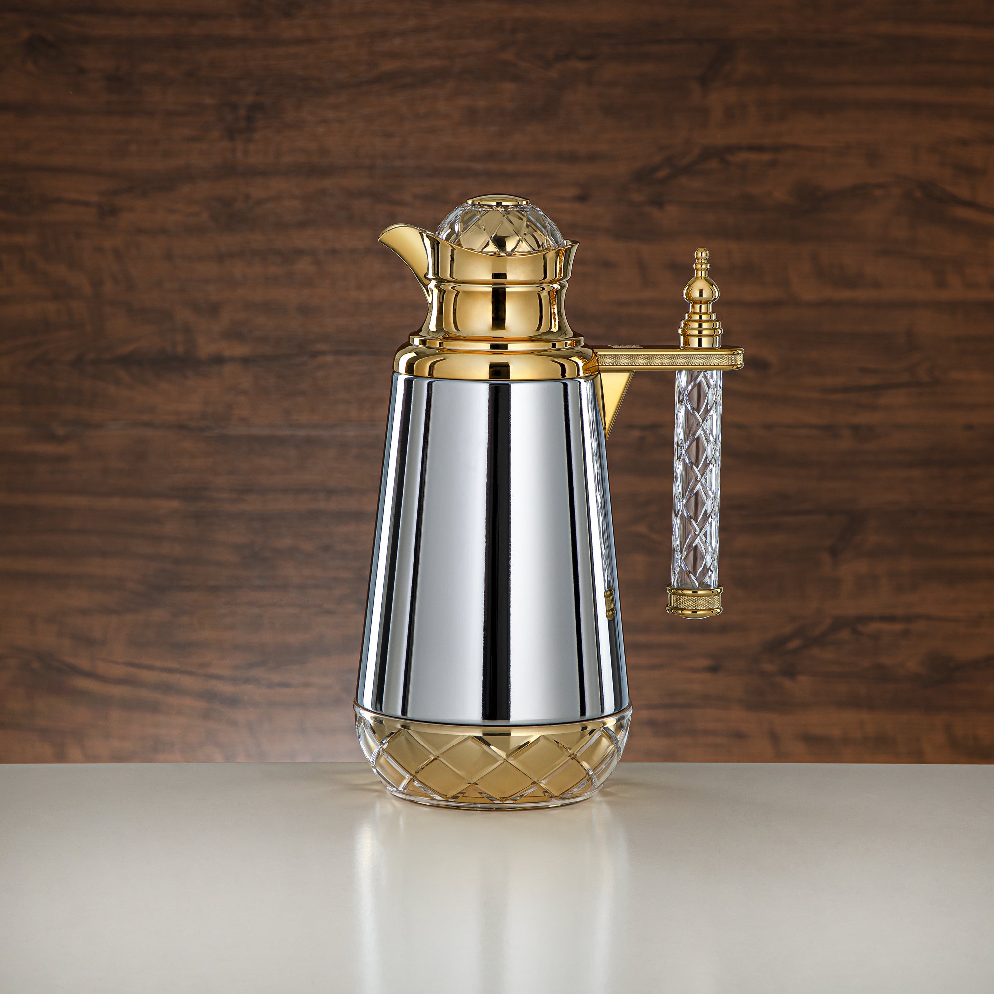 Almarjan Vacuum Flask Set, Push Button, Acrylic Handle - 0.7L + 1L, Silver & Gold (CBY+CBZ-CCG) - Classic Vacuum Flasks