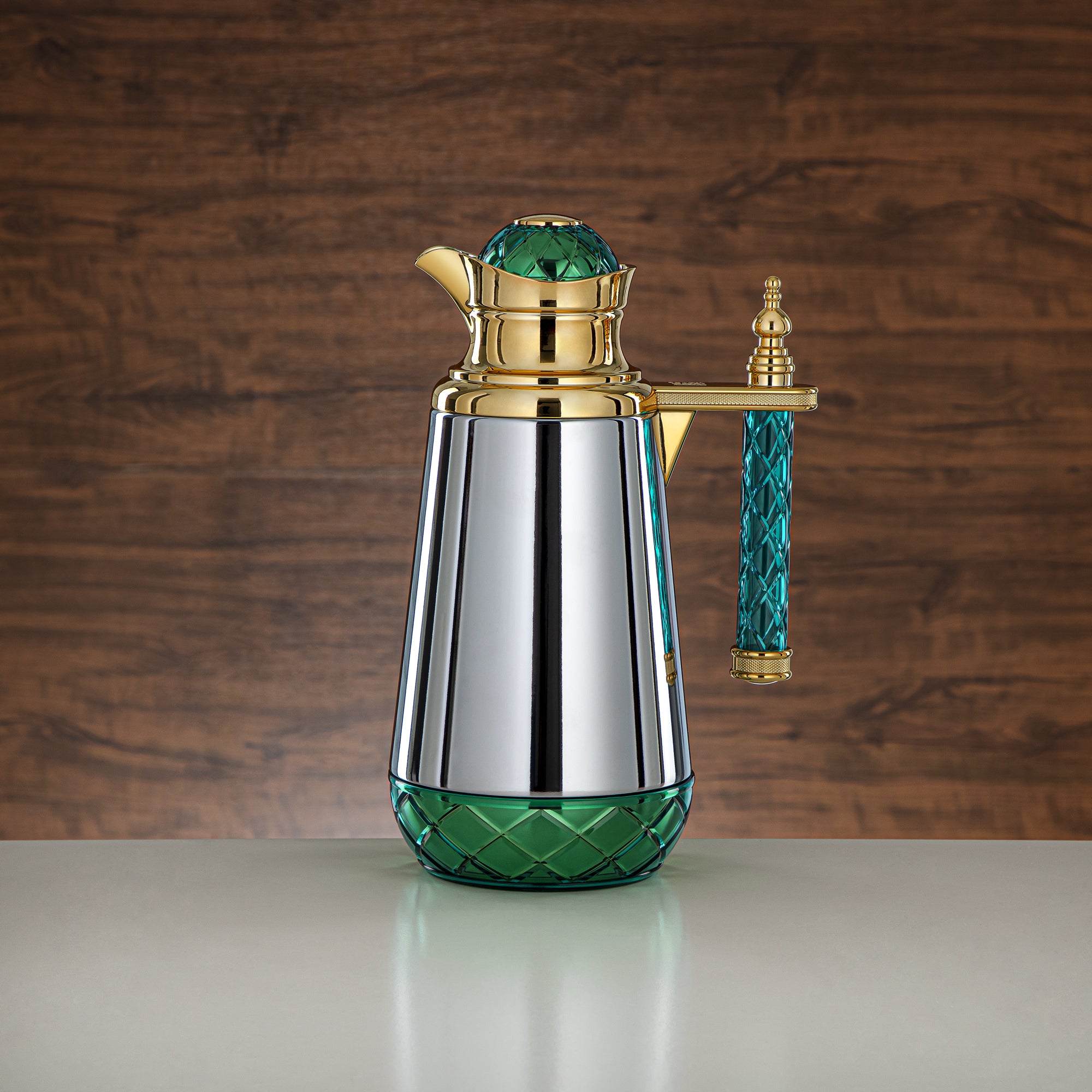 Almarjan Vacuum Flask Set, Push Button, Acrylic Handle - 0.7L + 1L, Silver, Gold & Green (CBY+CBZ-CGG) - Classic Vacuum Flasks