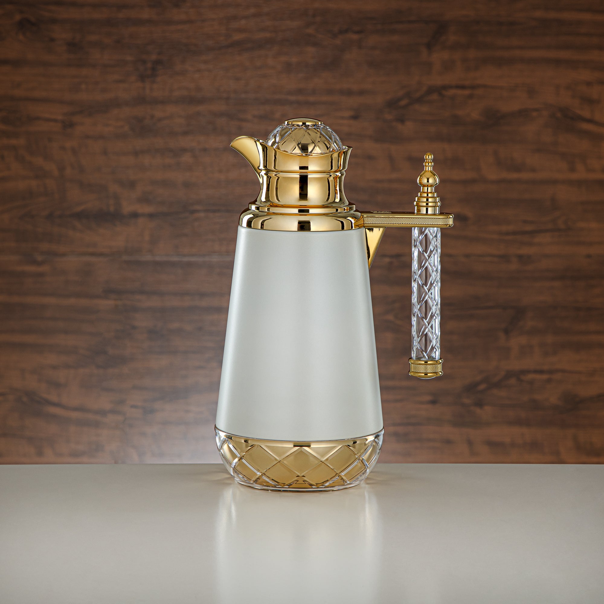 Almarjan Vacuum Flask Set, Push Button, Acrylic Handle - 0.7L + 1L, White & Gold (CBY+CBZ-WCG) - Classic Vacuum Flasks