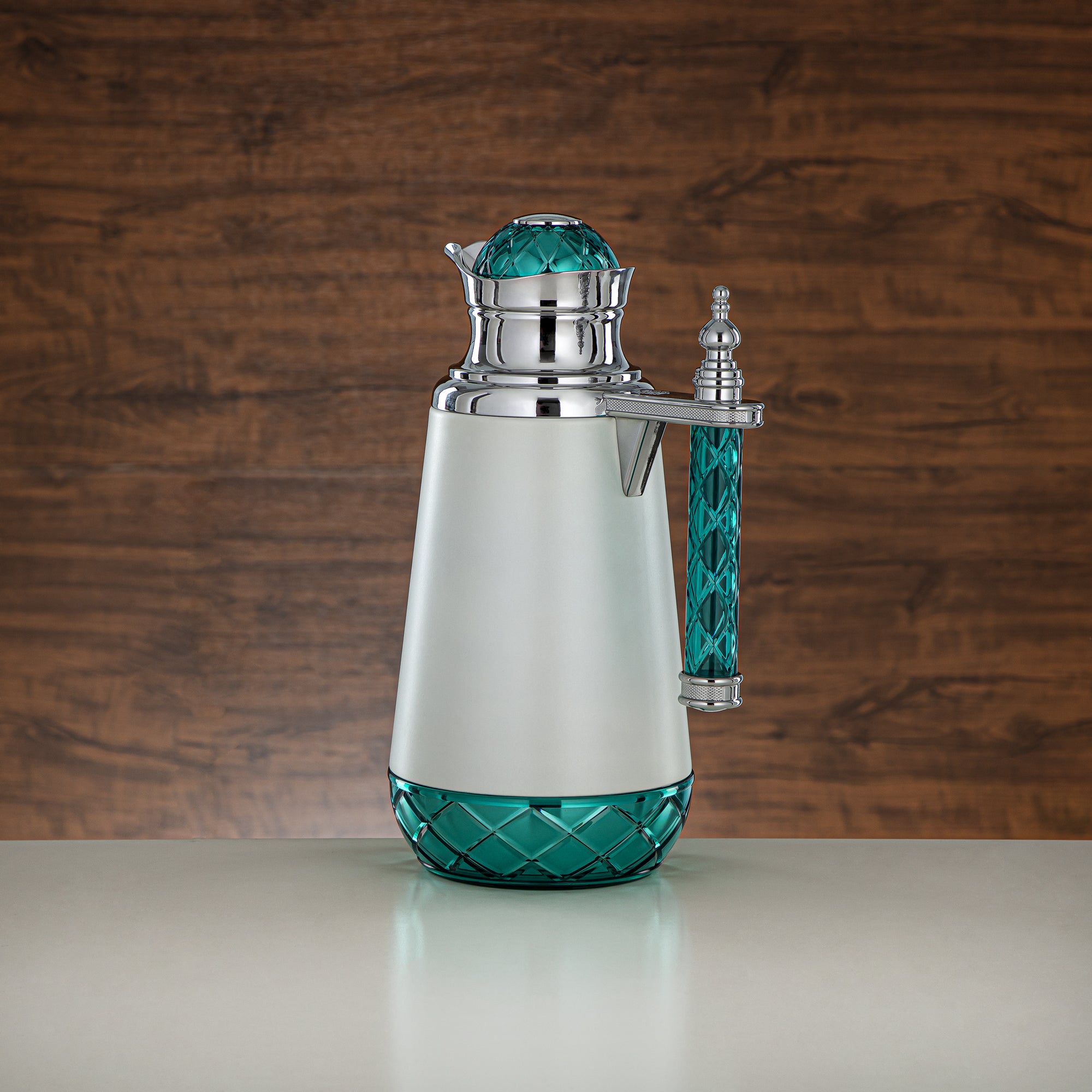 Almarjan Vacuum Flask Set, Push Button, Acrylic Handle - 0.7L + 1L, White, Silver & Green (CBY+CBZ-WGC) - Classic Vacuum Flasks