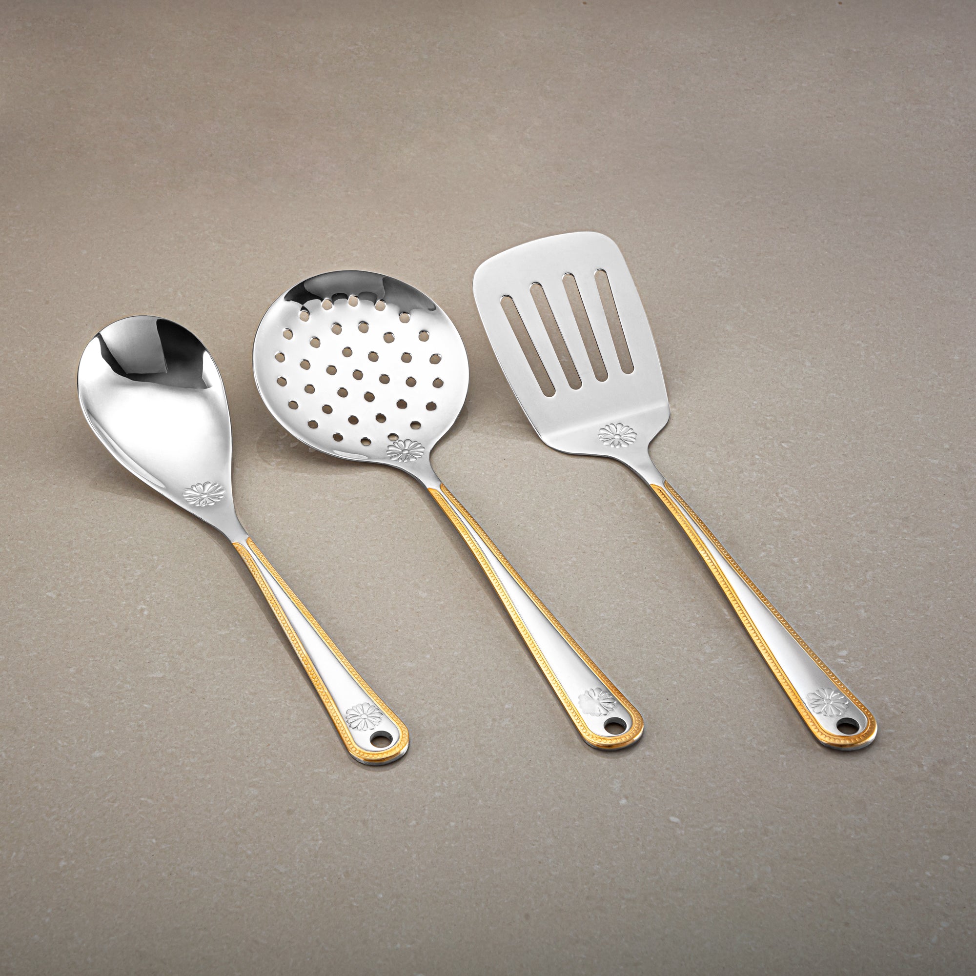 Almarjan Kitchen Tool Set 7 Pieces, Stainless Steel, With Stand, Silver & Gold (CUT0010383) Elegant Flatware