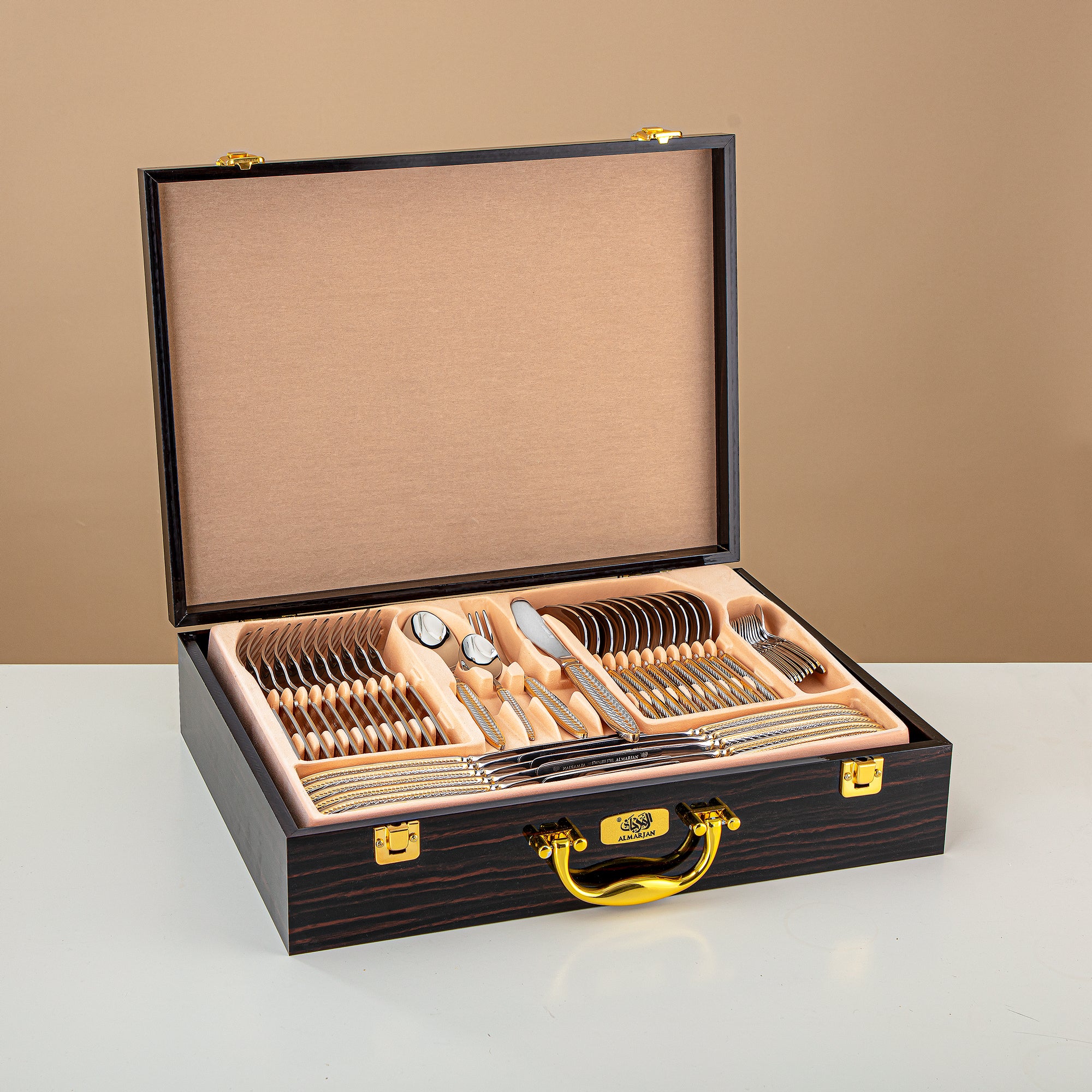 Almarjan Cutlery Set 84 Pieces, Stainless Steel, Leather Case, Silver & Gold (CUT0010434) Elegant Cutlery Set