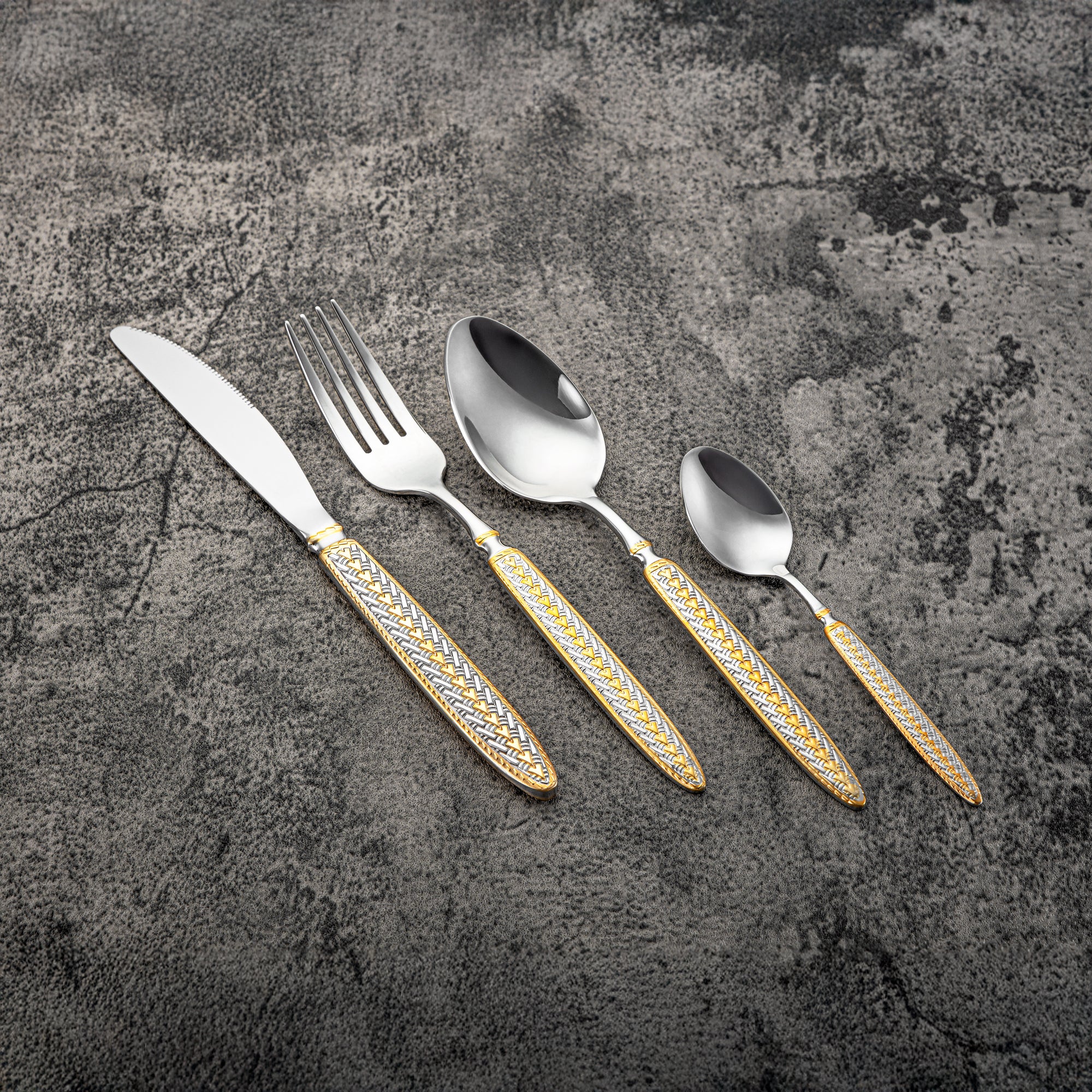Almarjan Cutlery Set 24 Pieces, Stainless Steel, With Stand, Silver & Gold (CUT0010438) Elegant Cutlery Set