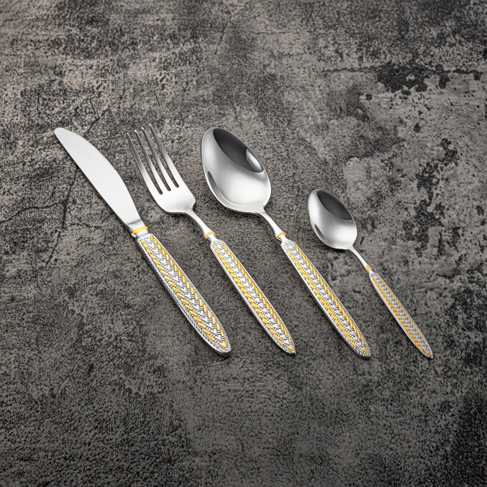 Almarjan Cutlery Set 32 Pieces, Stainless Steel, With Stand, Silver & Gold (CUT0010448) Elegant Cutlery Set