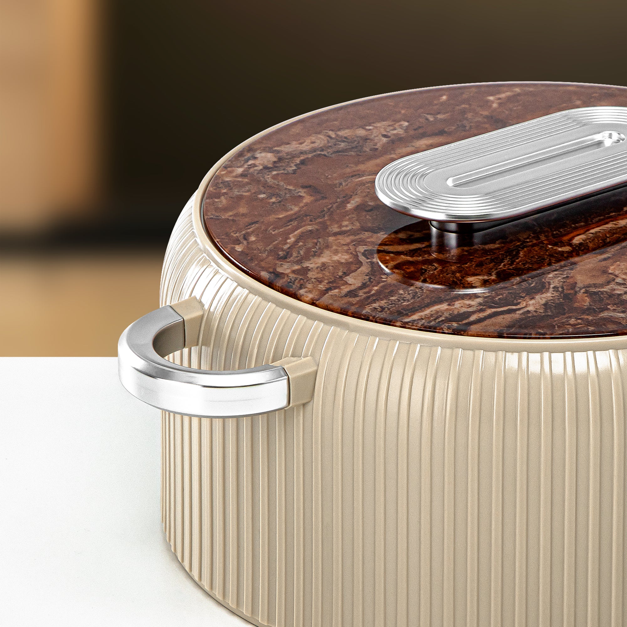 Almarjan Hot Pot Plastic, Set of 3 Pieces, Beige & Silver, 2000ML + 4000ML + 6500ML (EK-200/400/650 BR/MC) Ramadan Serveware