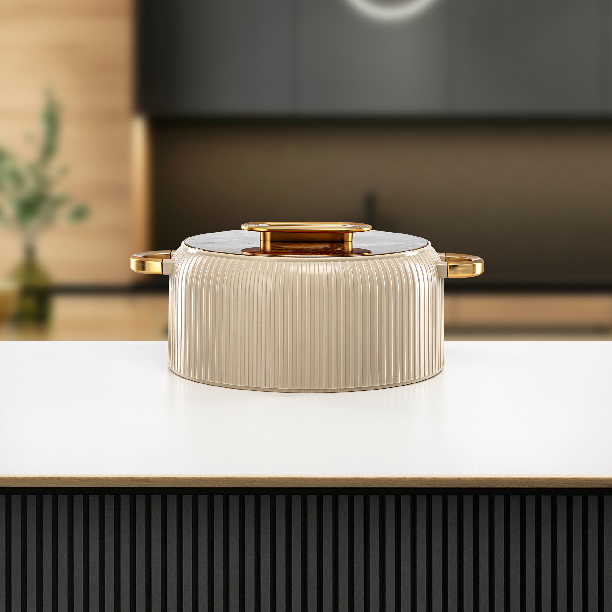 Almarjan Hot Pot Plastic, Set of 3 Pieces, Beige & Gold, 2000ML + 4000ML + 6500ML (EK-200/400/650 BR/MG) Ramadan Serveware