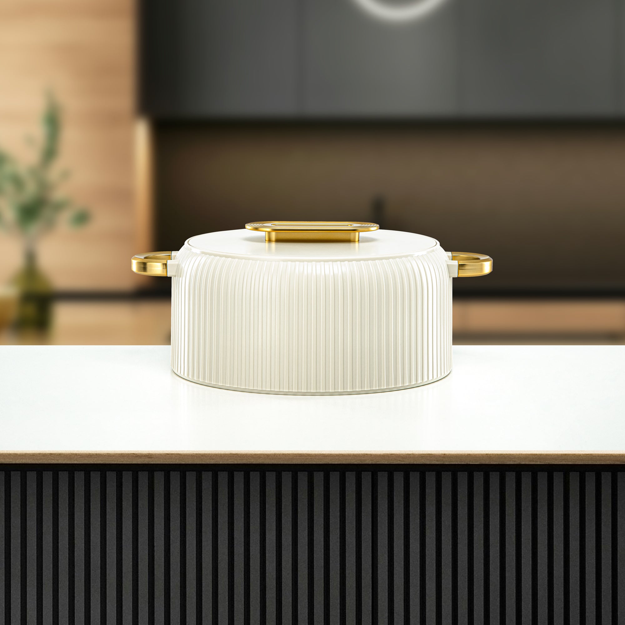 Almarjan Hot Pot Plastic, Set of 3 Pieces, Ivory & Gold, 2000ML + 4000ML + 6500ML (EK-200/400/650 MIV/MG) Ramadan Serveware