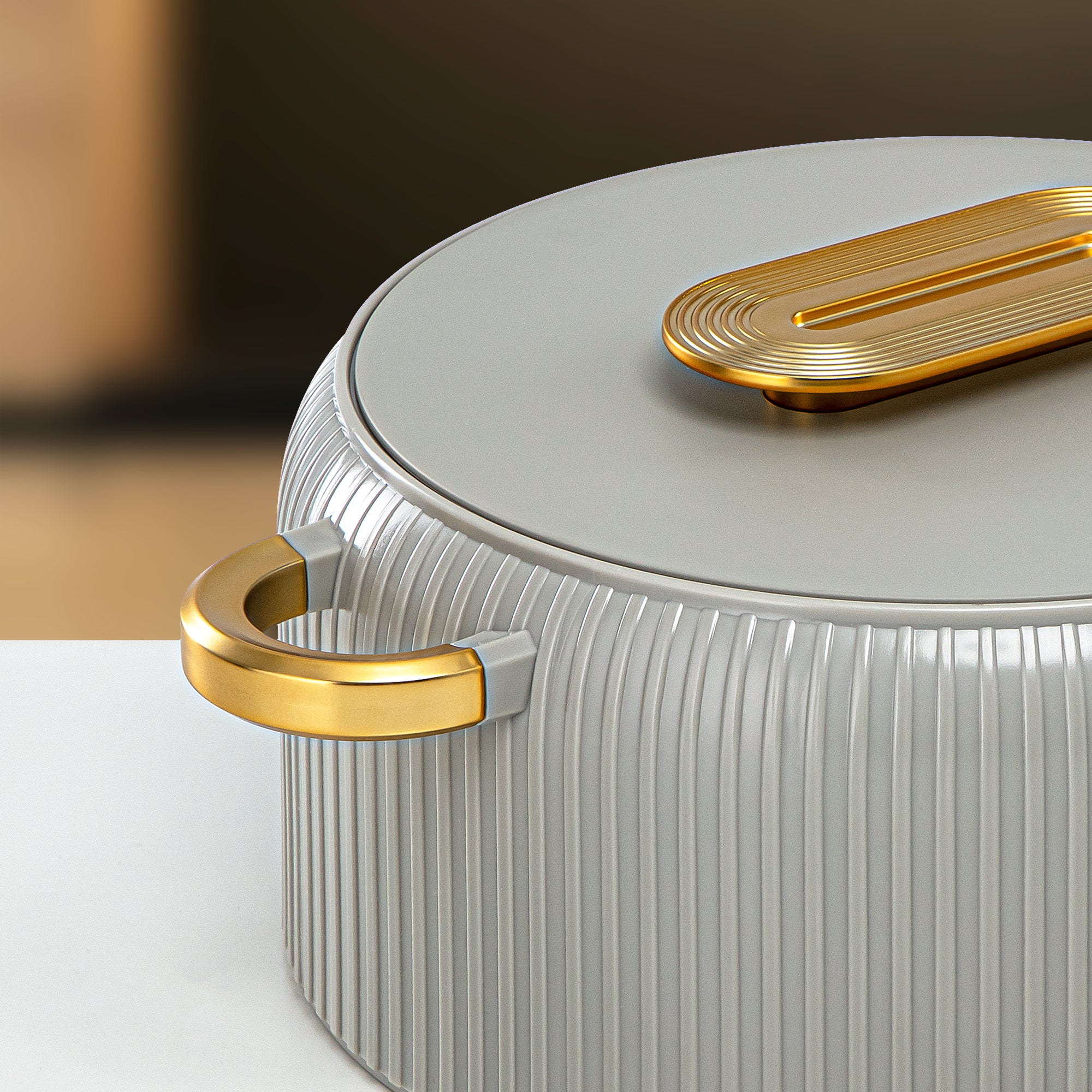 Almarjan Hot Pot Plastic, Set of 3 Pieces, Soft Grey & Gold, 2000ML + 4000ML + 6500ML (EK-200/400/650 MSG/MG) Ramadan Serveware