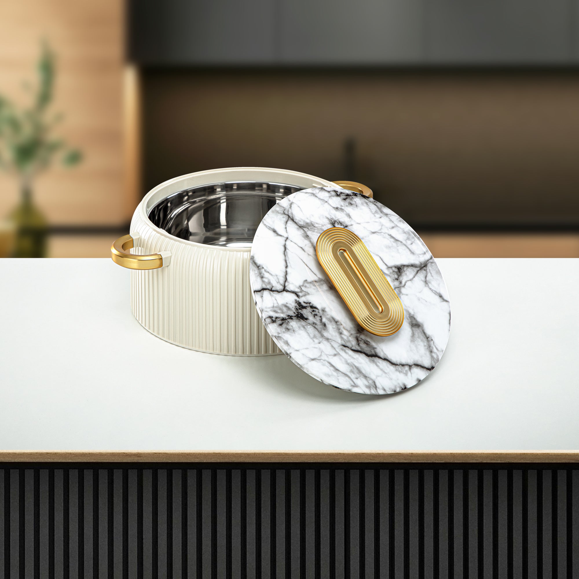 Almarjan Hot Pot Plastic, Set of 3 Pieces, White & Gold, 2000ML + 4000ML + 6500ML (EK-200/400/650 WM/MG) Ramadan Serveware