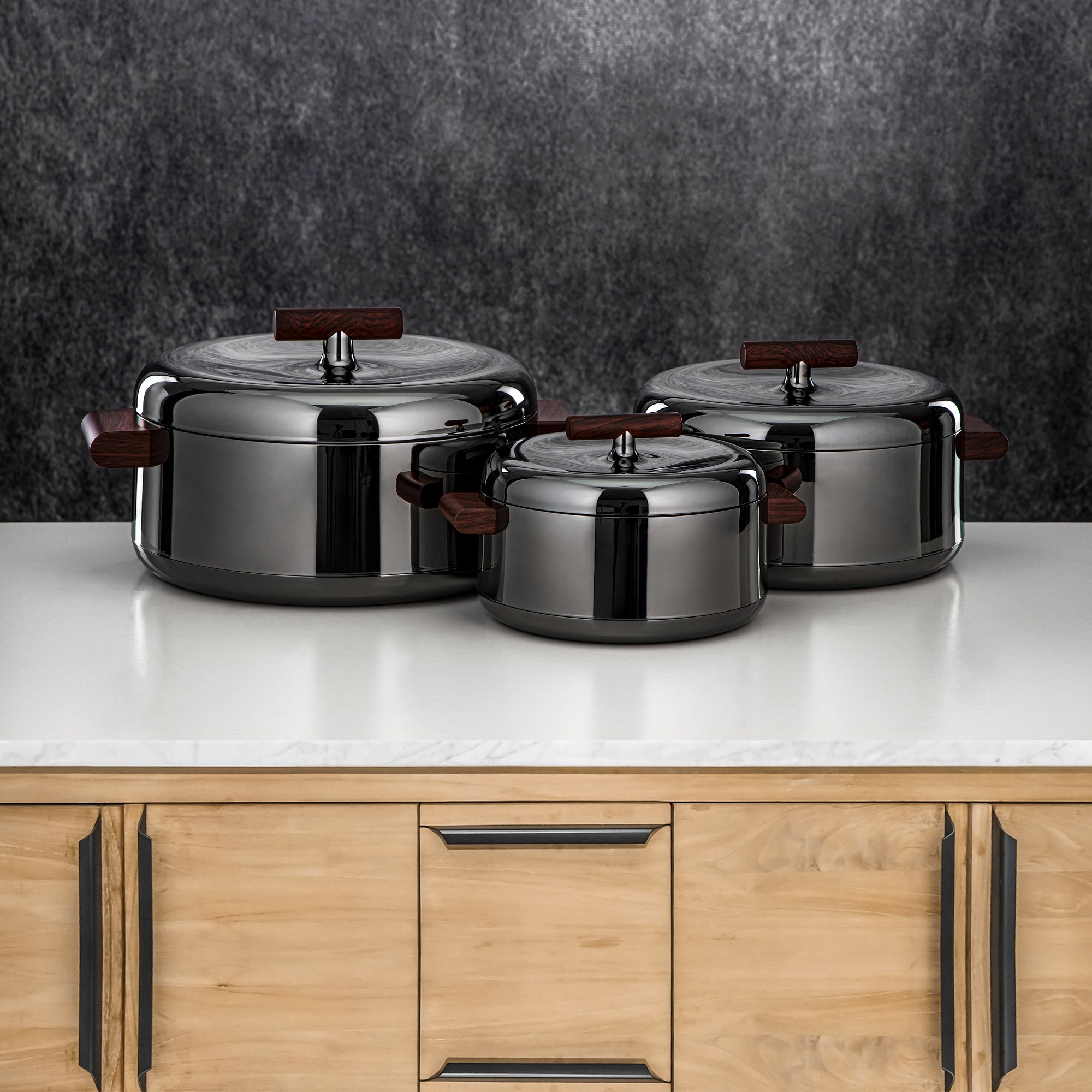 Almarjan Hot Pot Set ABS 1L, 2.5L, 3L Gun black & dark wood (EL-100/250/300 GBL/DW)