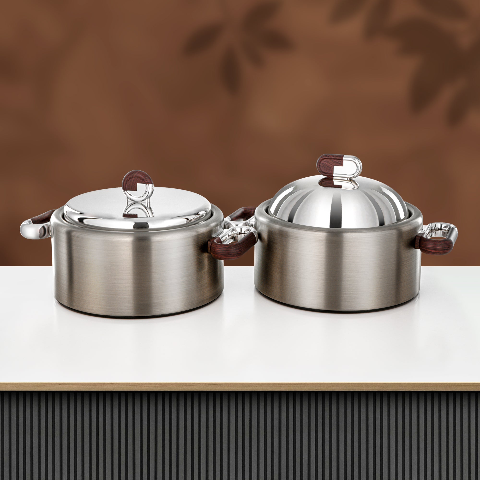 Almarjan 2 Pieces Hot Pot Set, Brushed Matt Nickel & Dark Wood