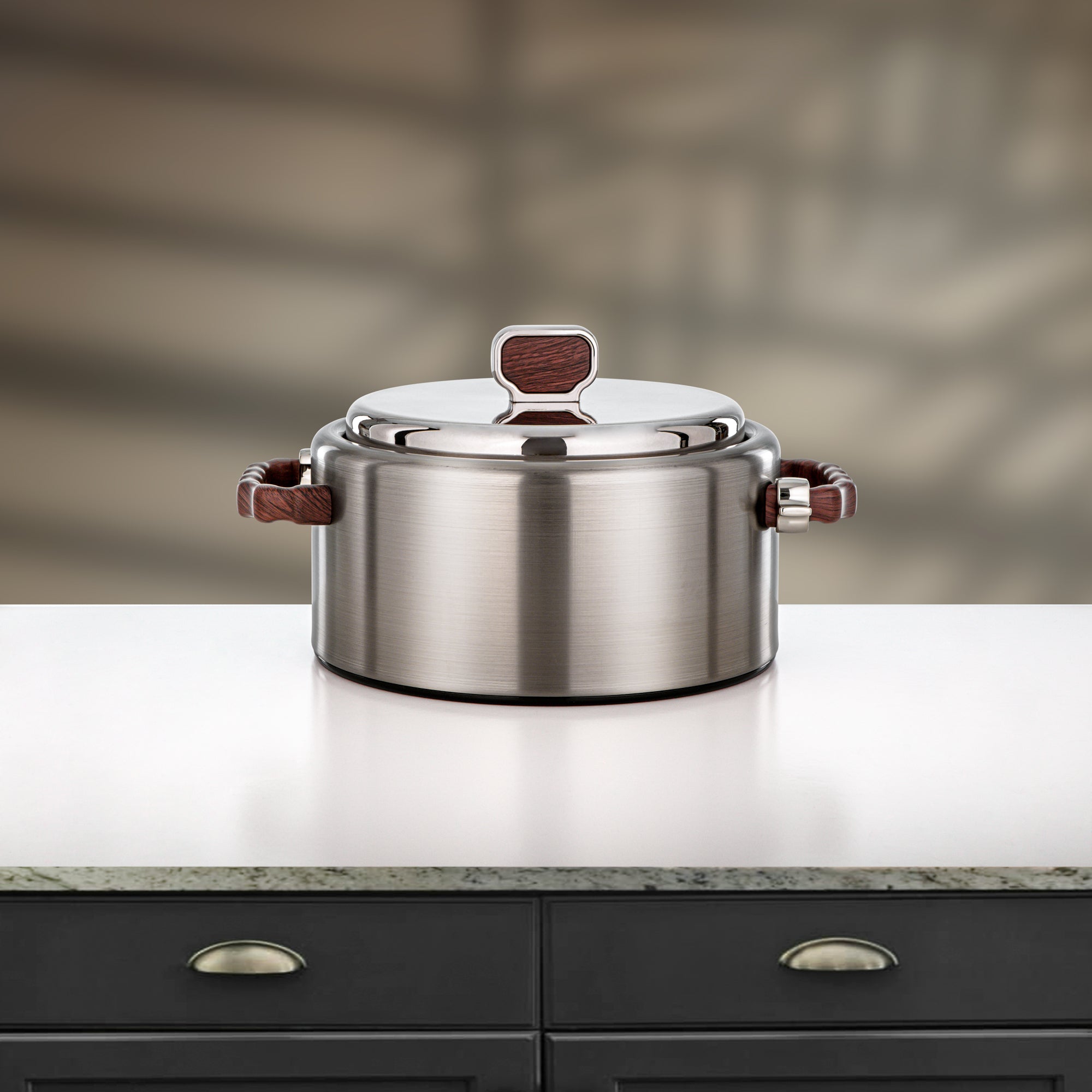 Almarjan 2 Pieces Hot Pot Set, Brushed Matt Nickel & Dark Wood