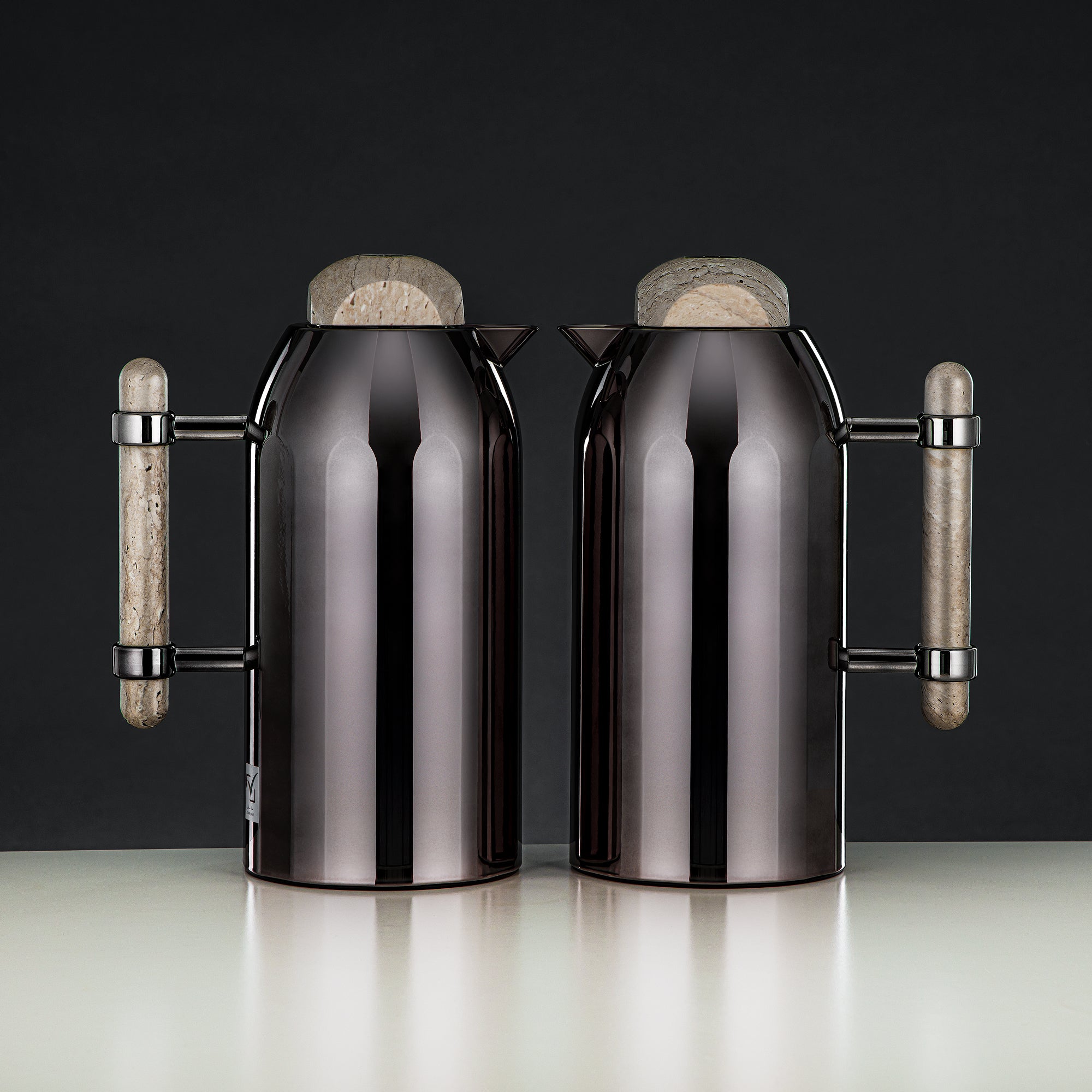 Almarjan Vacuum Flask Set Gun Black with Travertine Handle & Cover 1L + 1L (FG211-AB-100 GBL/TM) – Elegant Serving | Ramadan & Gatherings