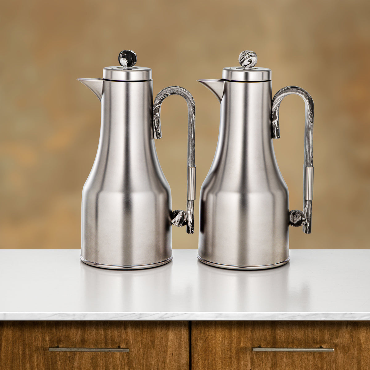 Almarjan 2 Pieces Vacuum Flask Set, Matt Nickel & Black Marble