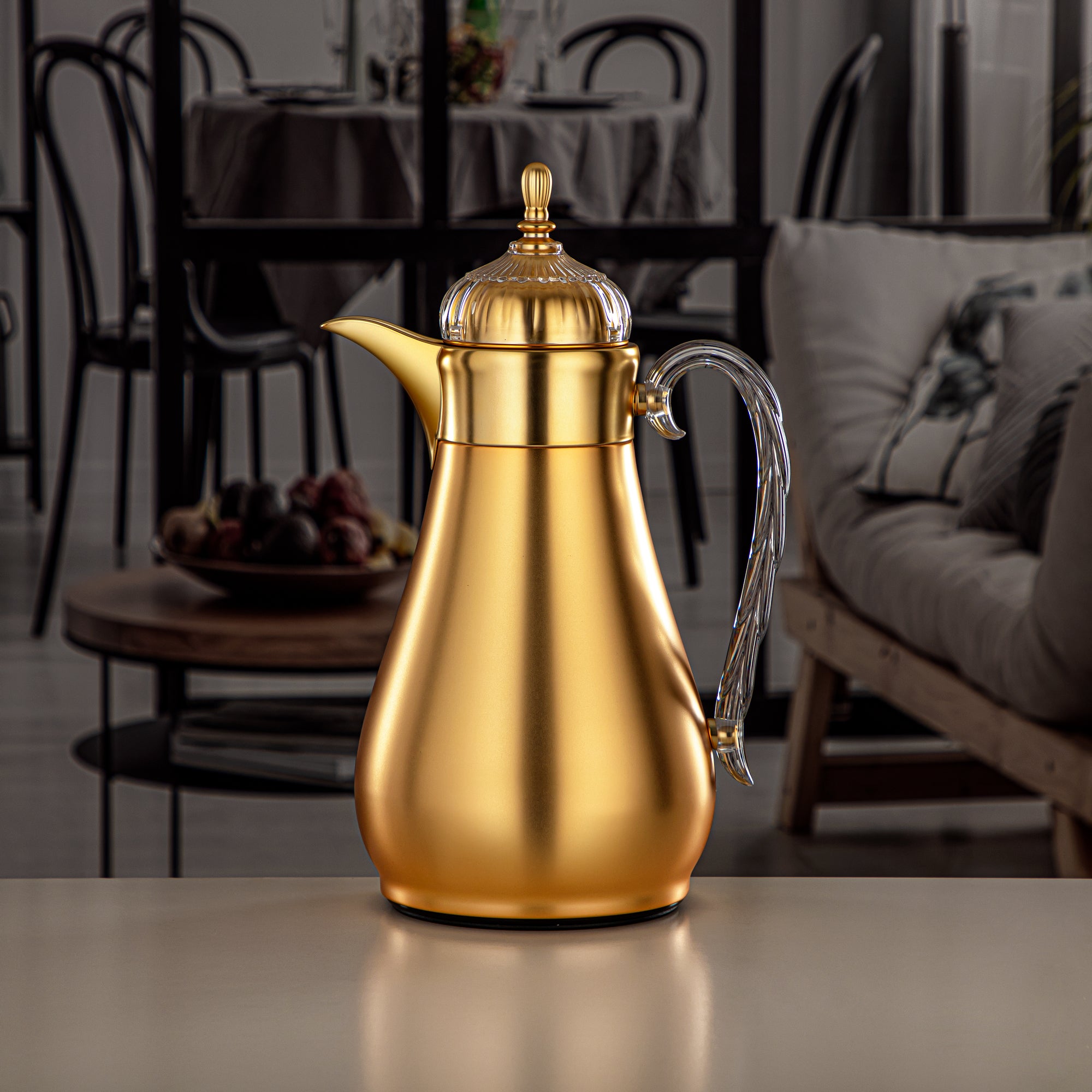 Almarjan Vacuum Flask Set, Push Button, 0.7L + 1L, Matt Gold & Transparent (FG810-070/100 MG/TR) - Elegant Vacuum Flask Sets