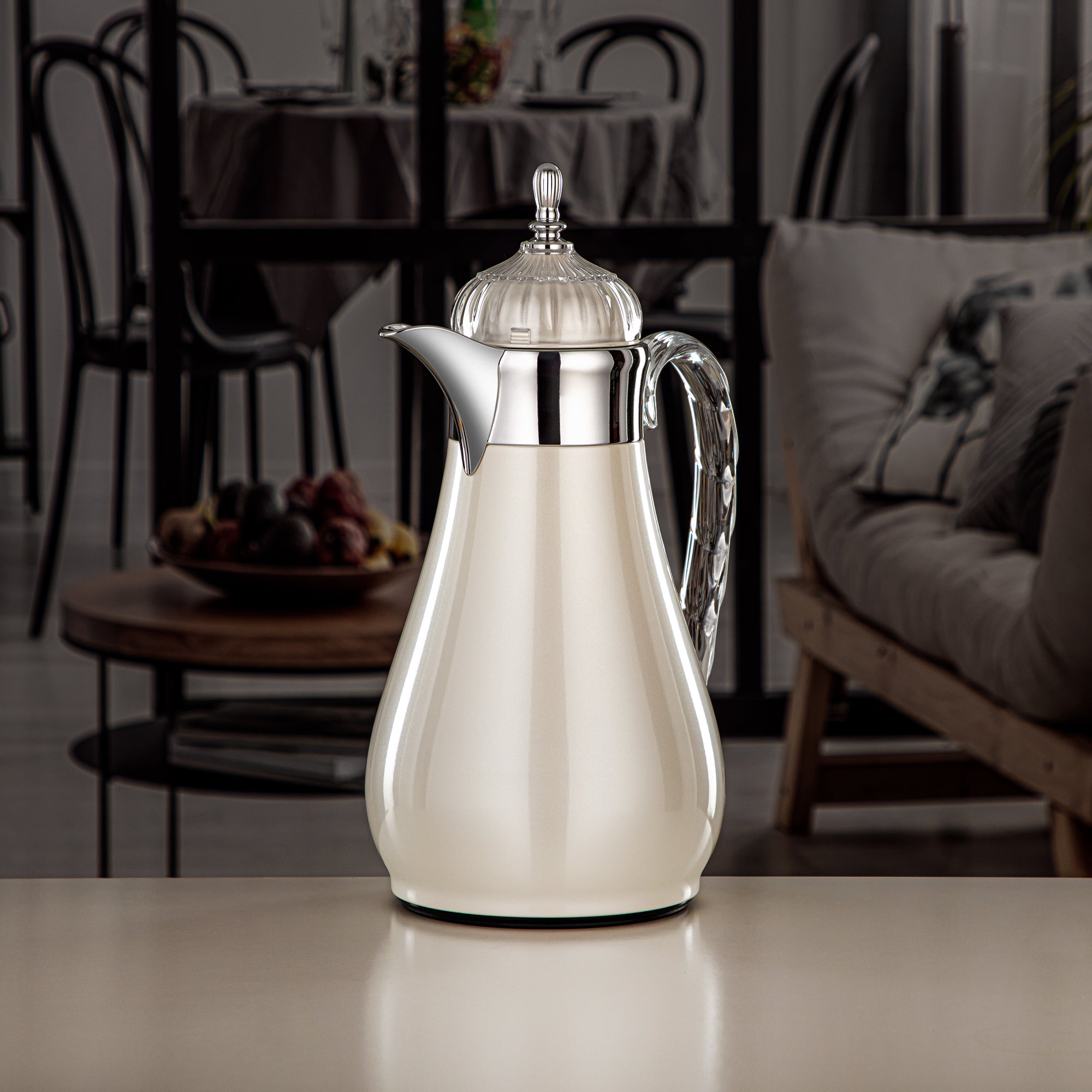 Almarjan Vacuum Flask Set, Push Button, 0.7L + 1L, Pearl White, Silver & Transparent (FG810-070/100 PW/C) - Elegant Vacuum Flask Sets