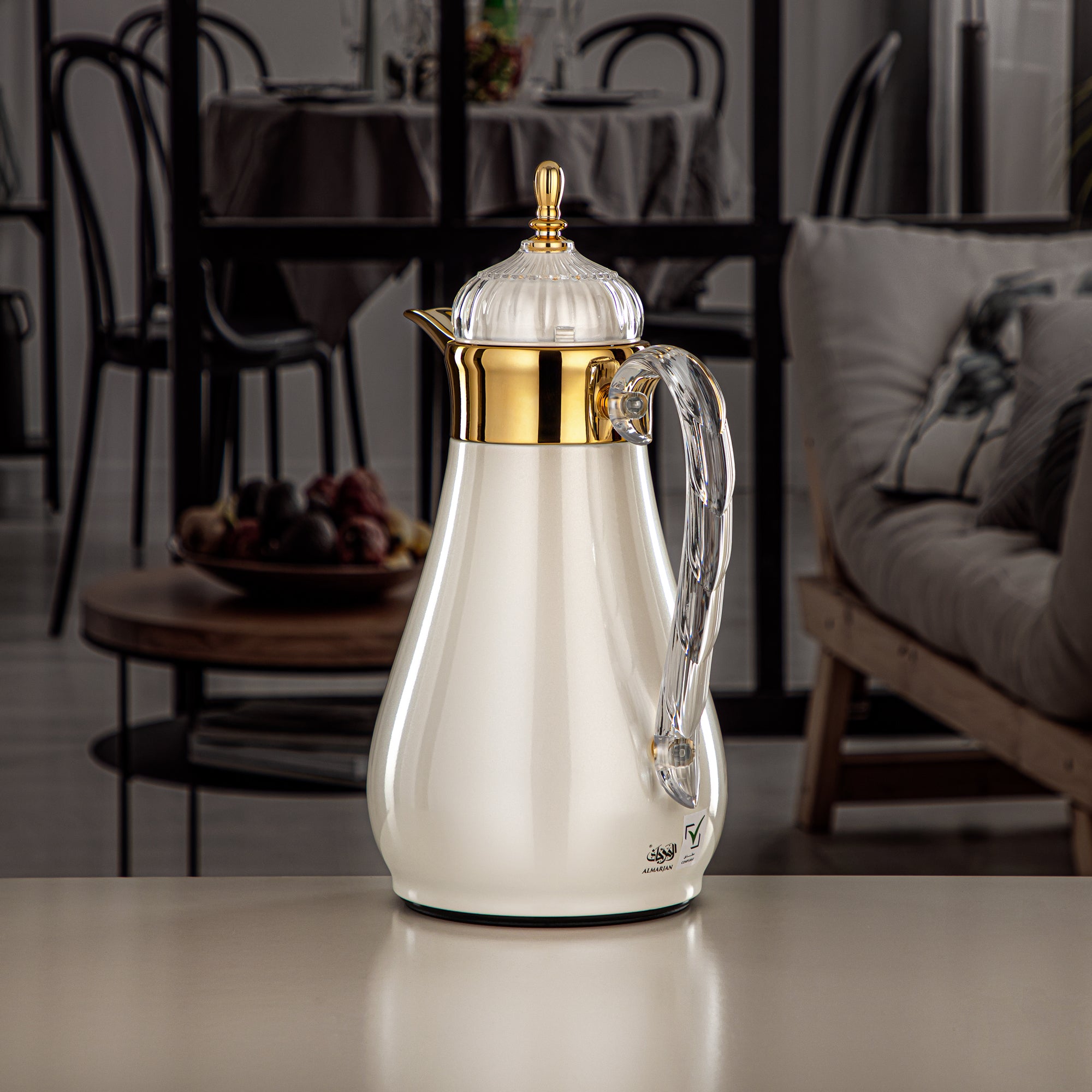 Almarjan Vacuum Flask Set, Push Button, 0.7L + 1L, Pearl White, Gold & Transparent (FG810-070/100 PW/G) - Elegant Vacuum Flask Sets