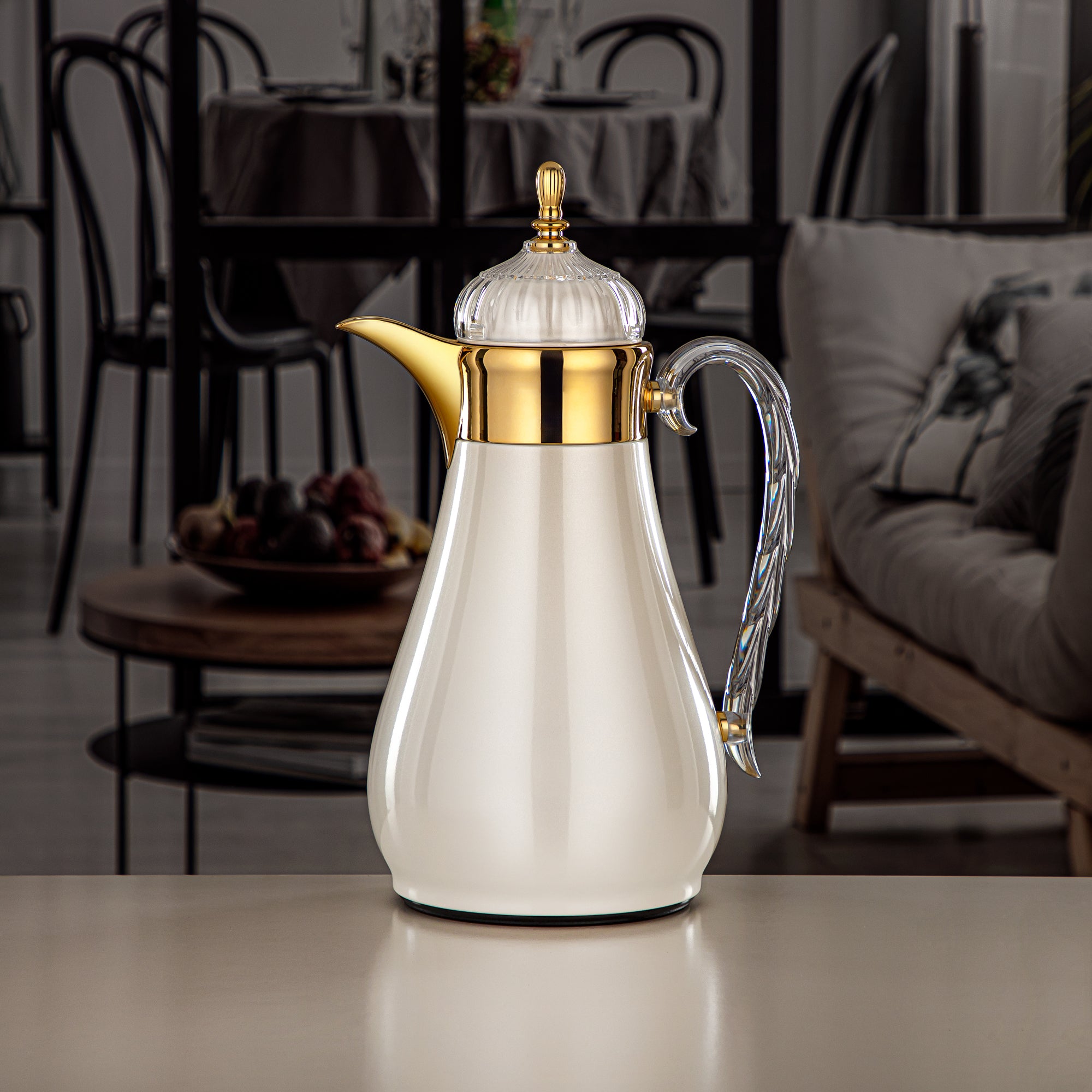 Almarjan Vacuum Flask Set, Push Button, 0.7L + 1L, Pearl White, Gold & Transparent (FG810-070/100 PW/G) - Elegant Vacuum Flask Sets