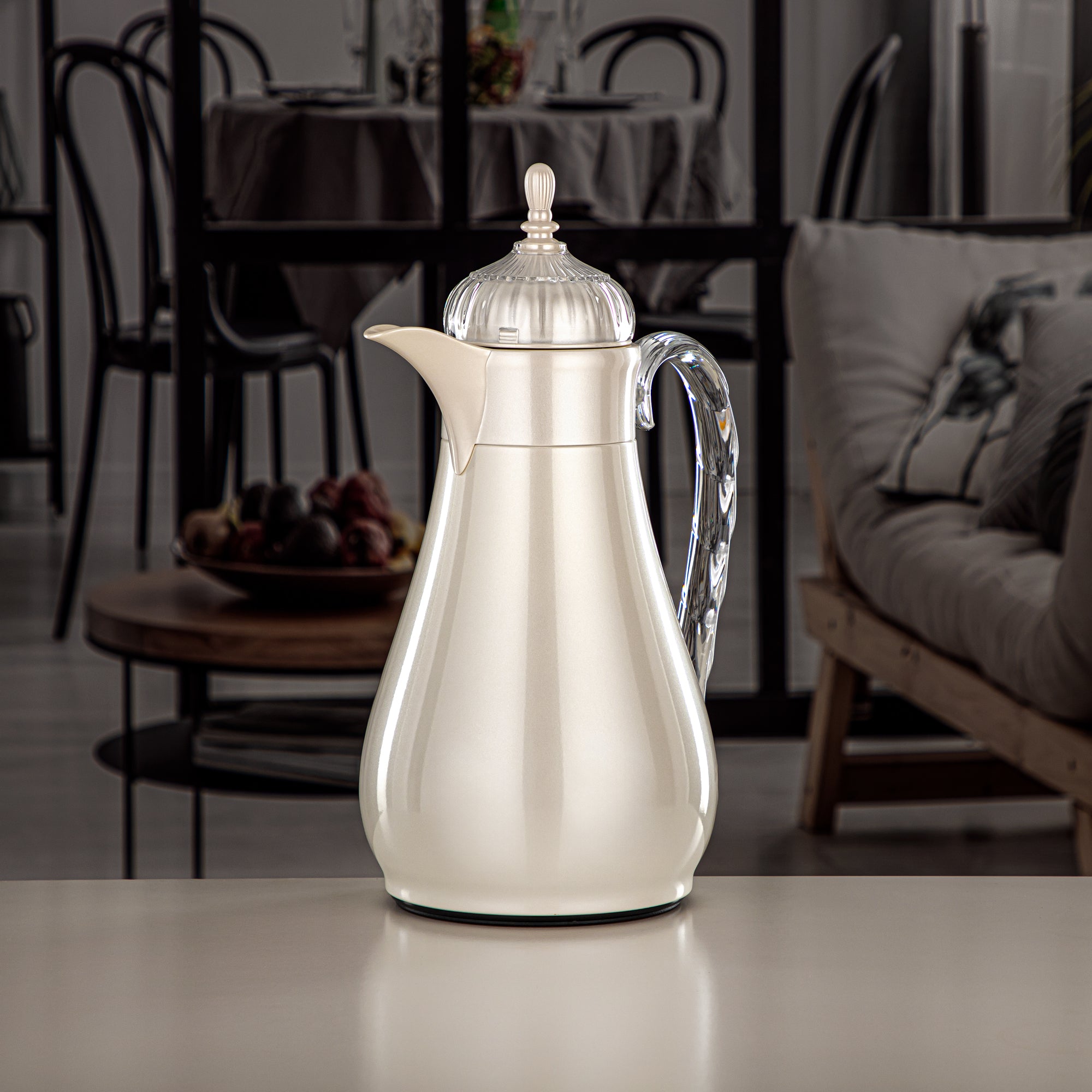 Almarjan Vacuum Flask Set, Push Button, 0.7L + 1L, Pearl White & Transparent (FG810-070/100 PW/TR) - Elegant Vacuum Flask Sets