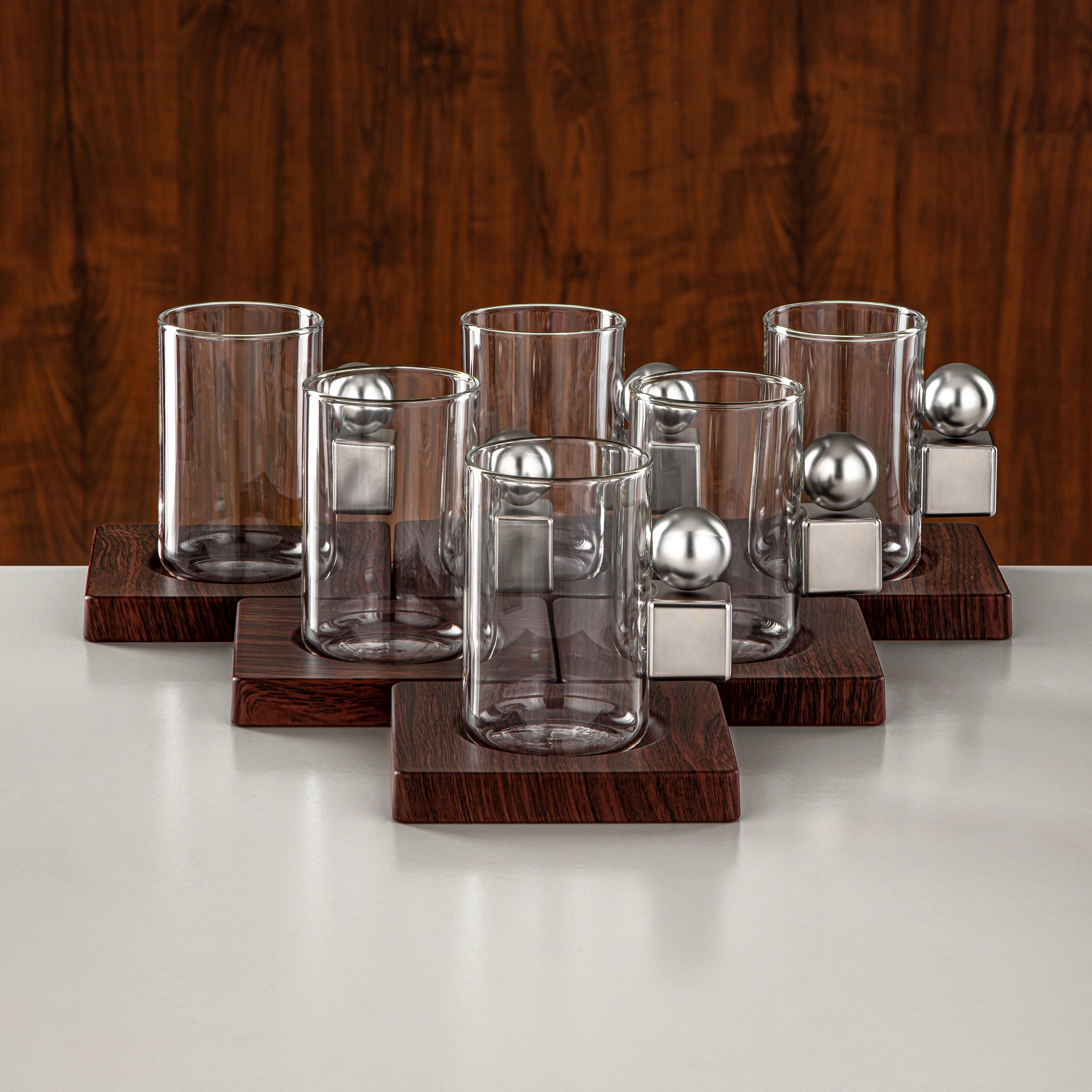 Almarjan Tea Set 18 Pieces Matt Nickel & Dark Wood