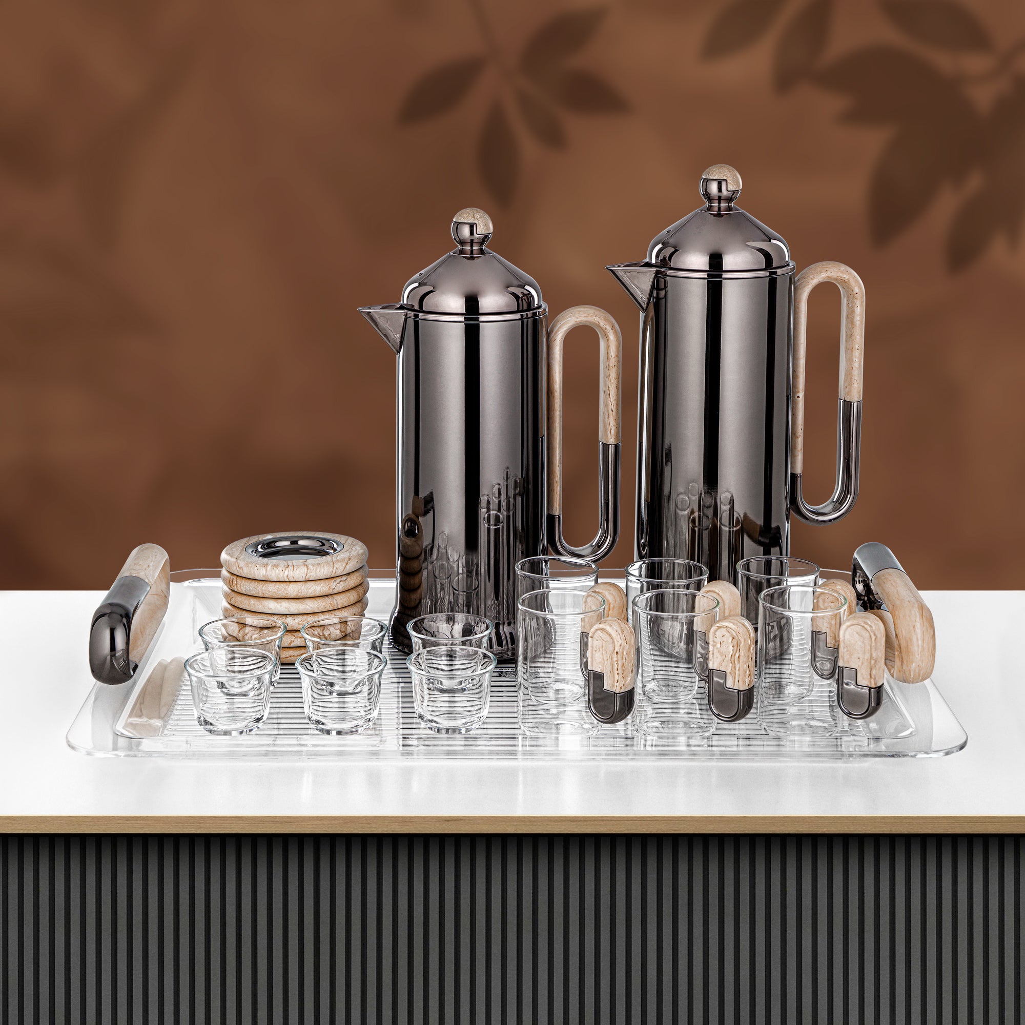 Almarjan 21 Pieces Tea & Coffee Serving Set, Gun Black & Travertine Marble