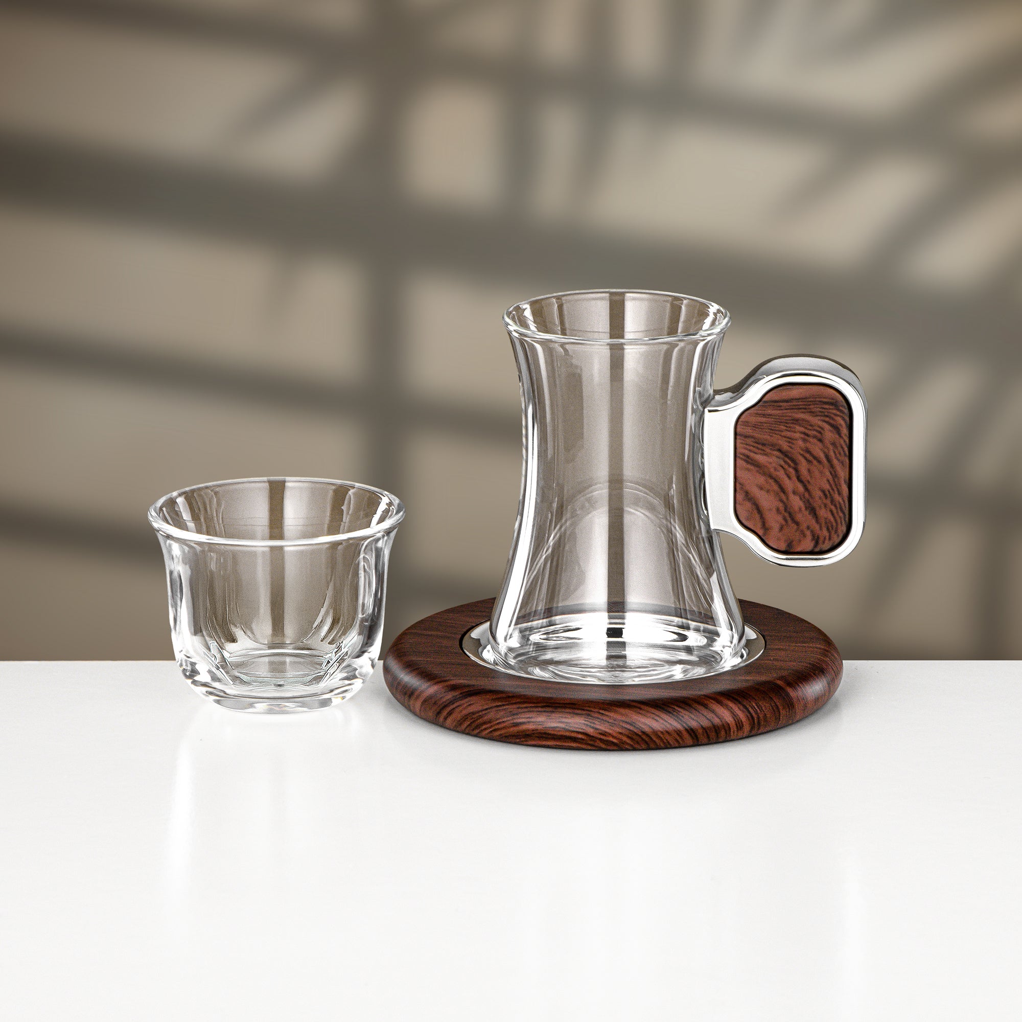 Almarjan 18 Pieces Tea & Cawa Cup Set, Silver & Dark Wood