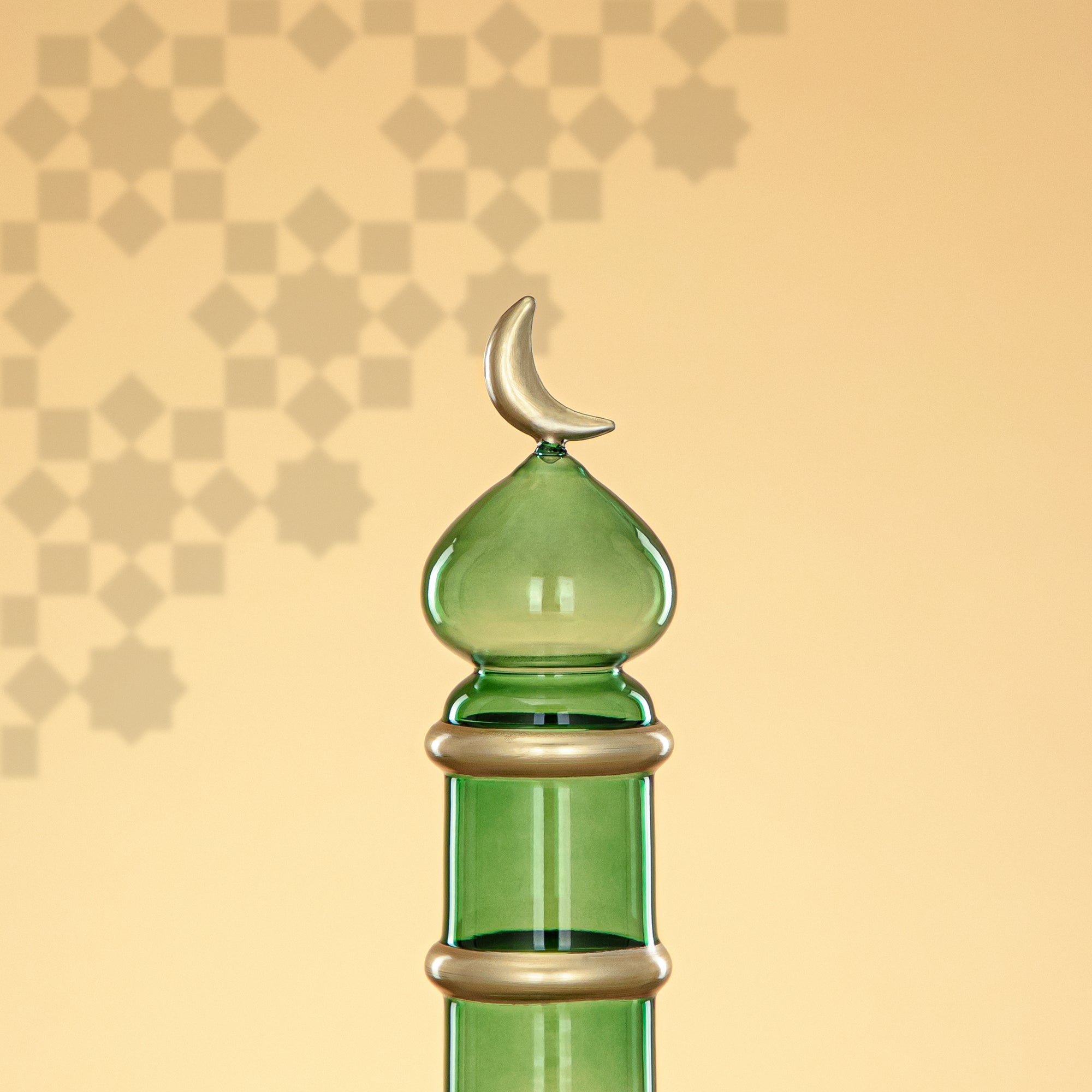 Almarjan Minaret Table Decoration 24cm x 7cm Transparent Green with Golden Lines & Crescent Moon – Noor Al Layali