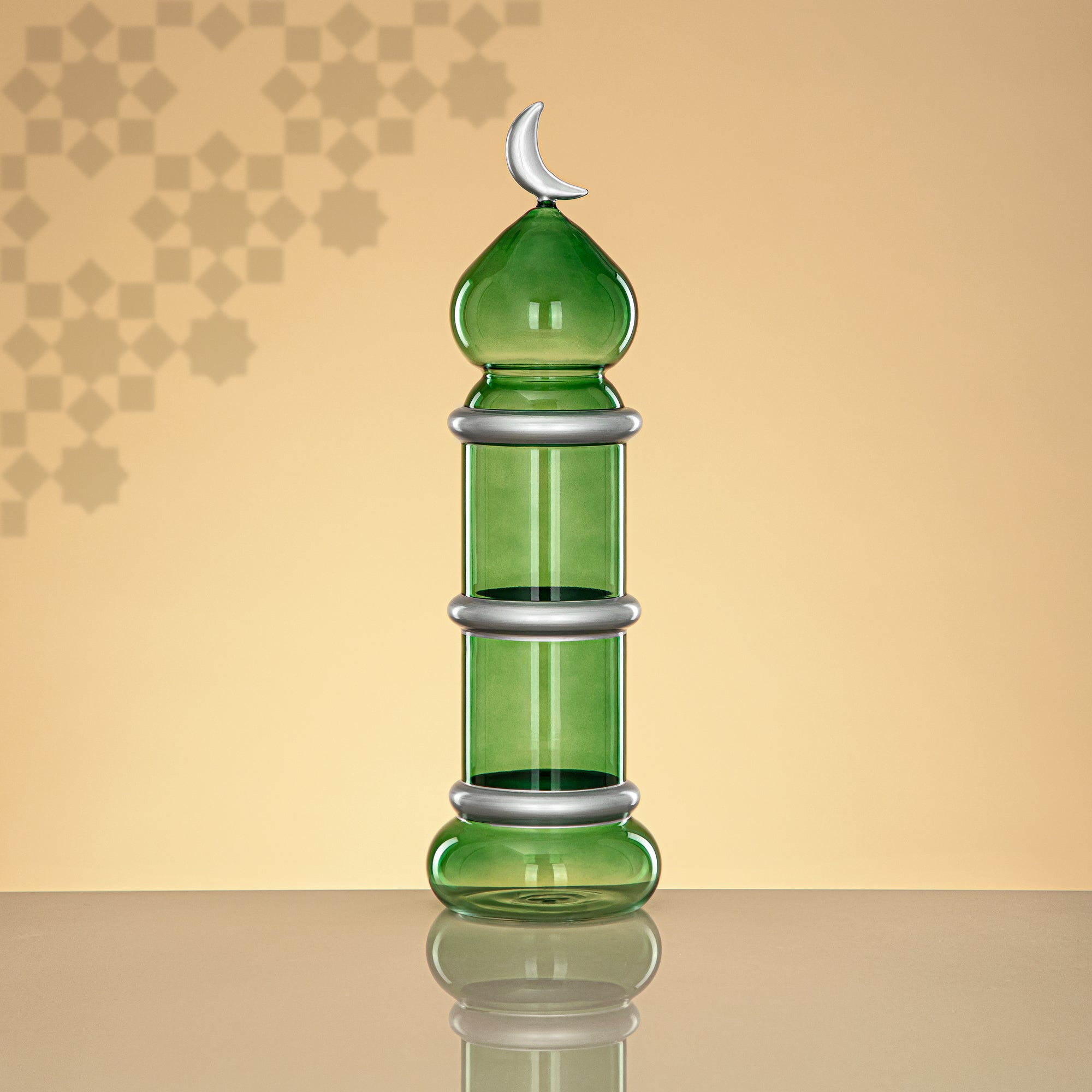 Almarjan Minaret Table Decoration 34cm x 10cm Transparent Green with Silver Lines & Crescent Moon – Noor Al Layali