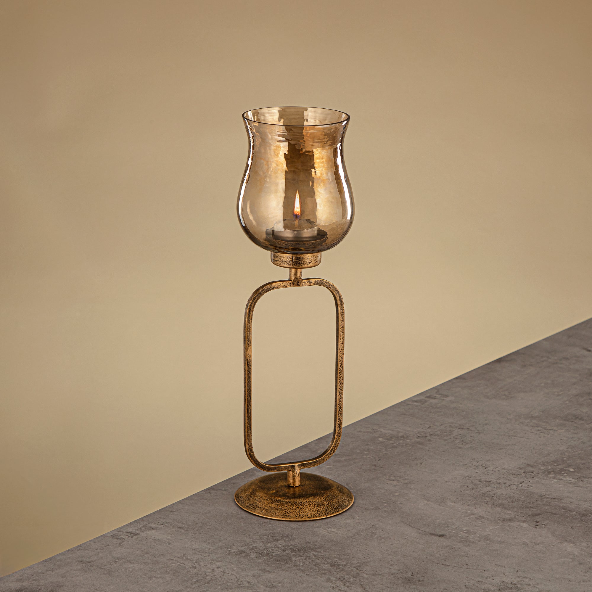 Almarjan Elemental Votive Holder Hammered Copper Brown Glass 11x11x36 CM Antique Gold Stand (GMT2960009)