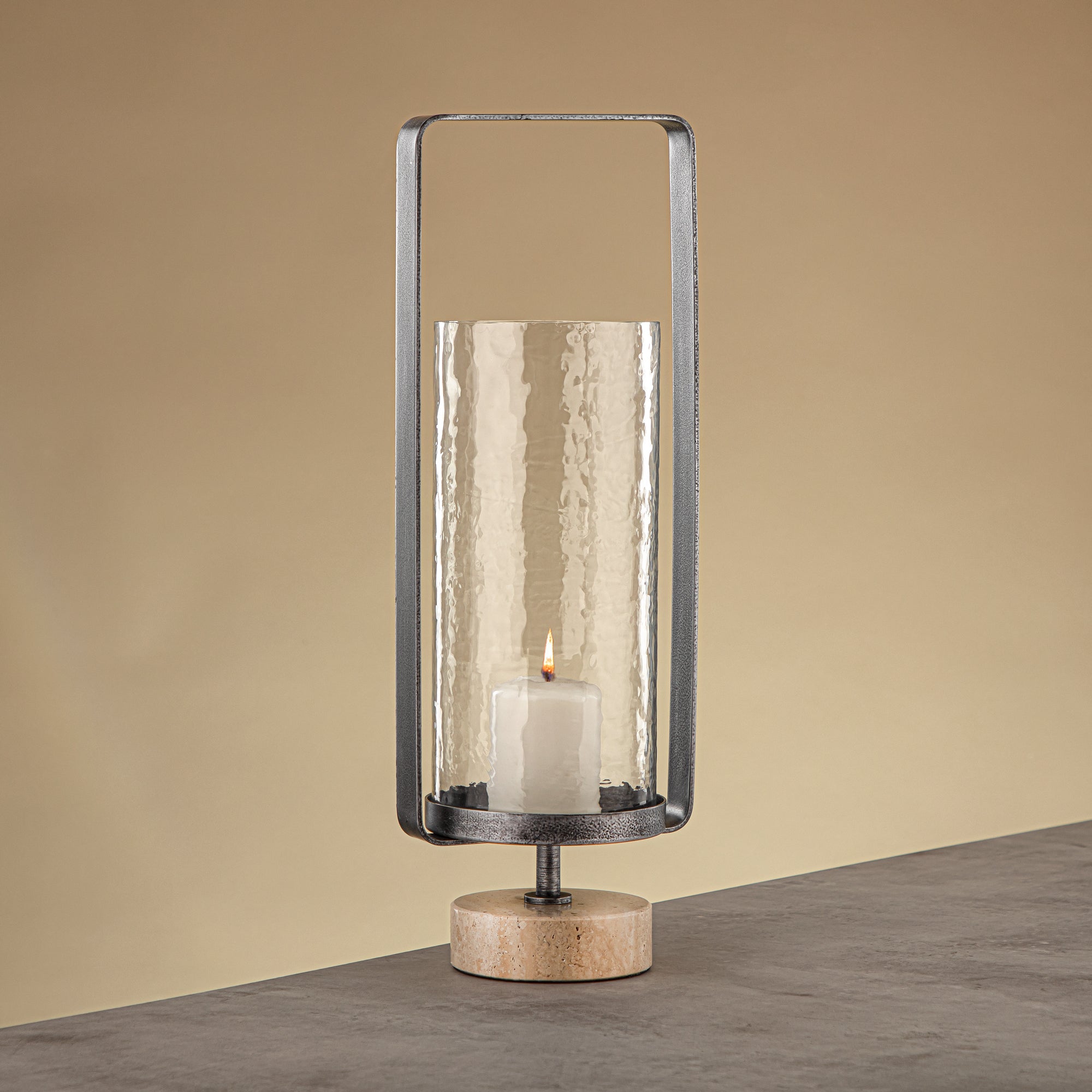 Almarjan Kalon Hurricane Lantern Hammered Clear Glass 16x10.5x43.5 CM Brushed Grey & Travertine Base (GMT2960030)