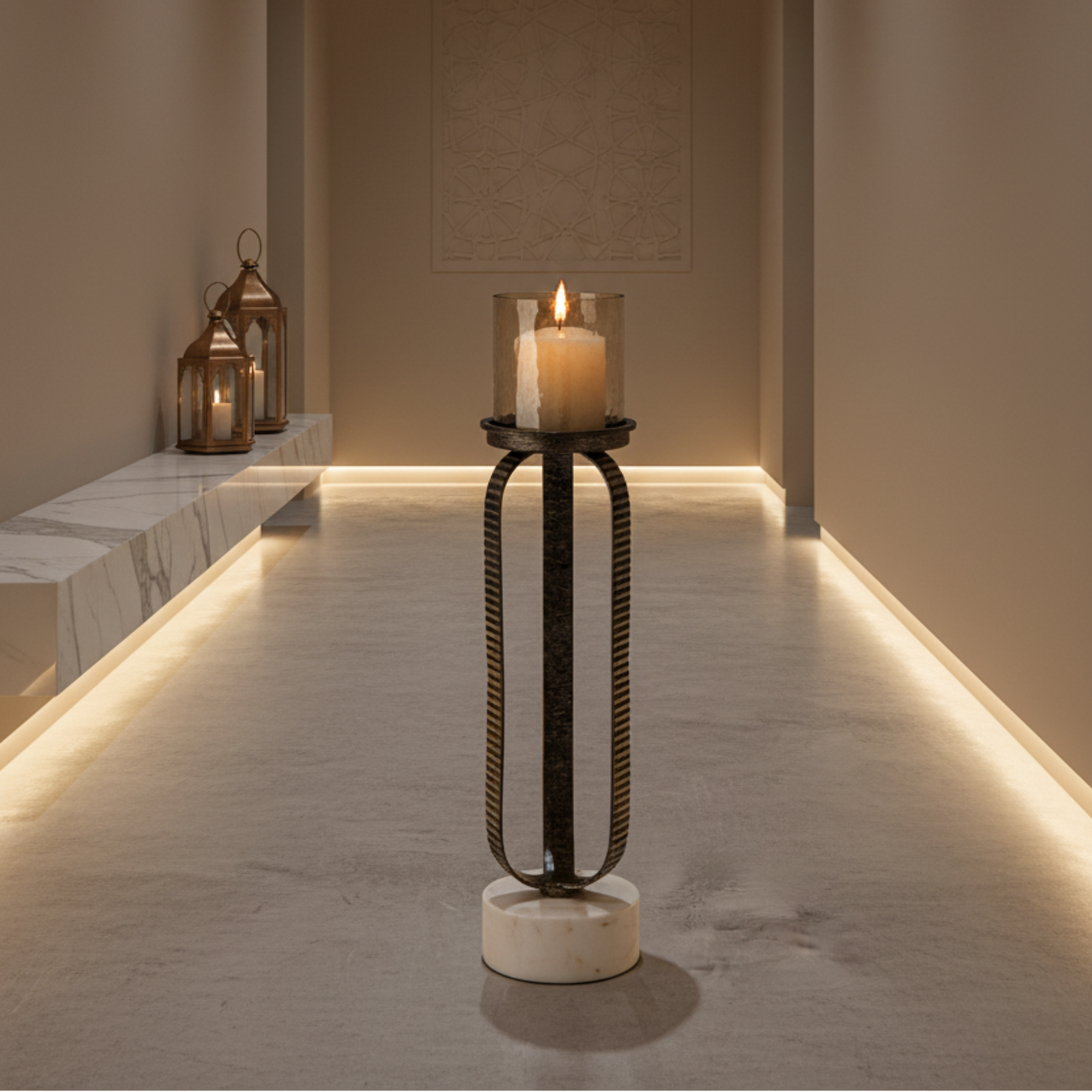 Almarjan Pillar Candle Holder 44cm Rustic Silver